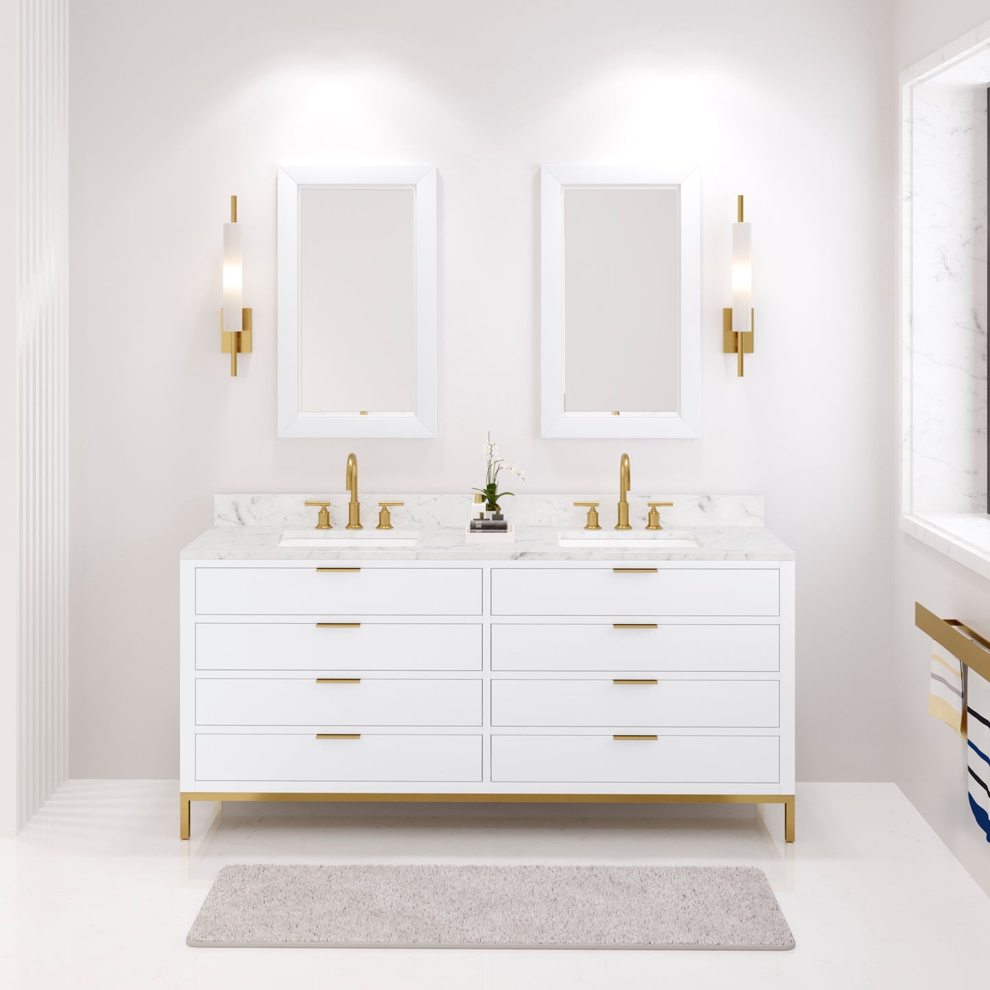 Bristol 72 in. W x 21.5 in. D Vanity in Pure White with Marble Top in White with White Basin | Water Creation