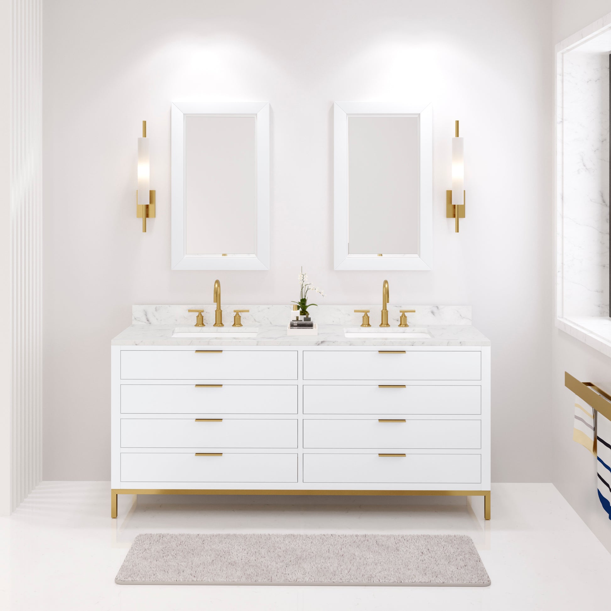 Bristol 72 in. W x 21.5 in. D Vanity in Pure White with Marble Top in White with White Basin | Water Creation