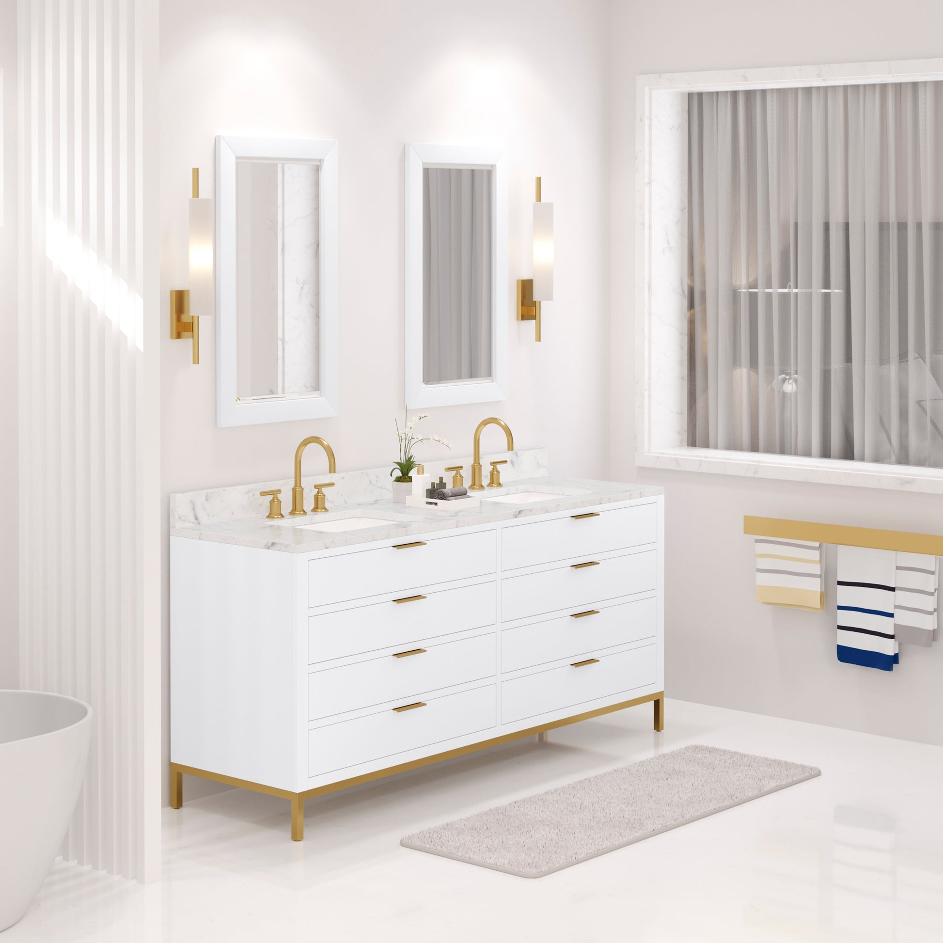 Bristol 72 in. W x 21.5 in. D Vanity in Pure White with Marble Top in White with White Basin | Water Creation