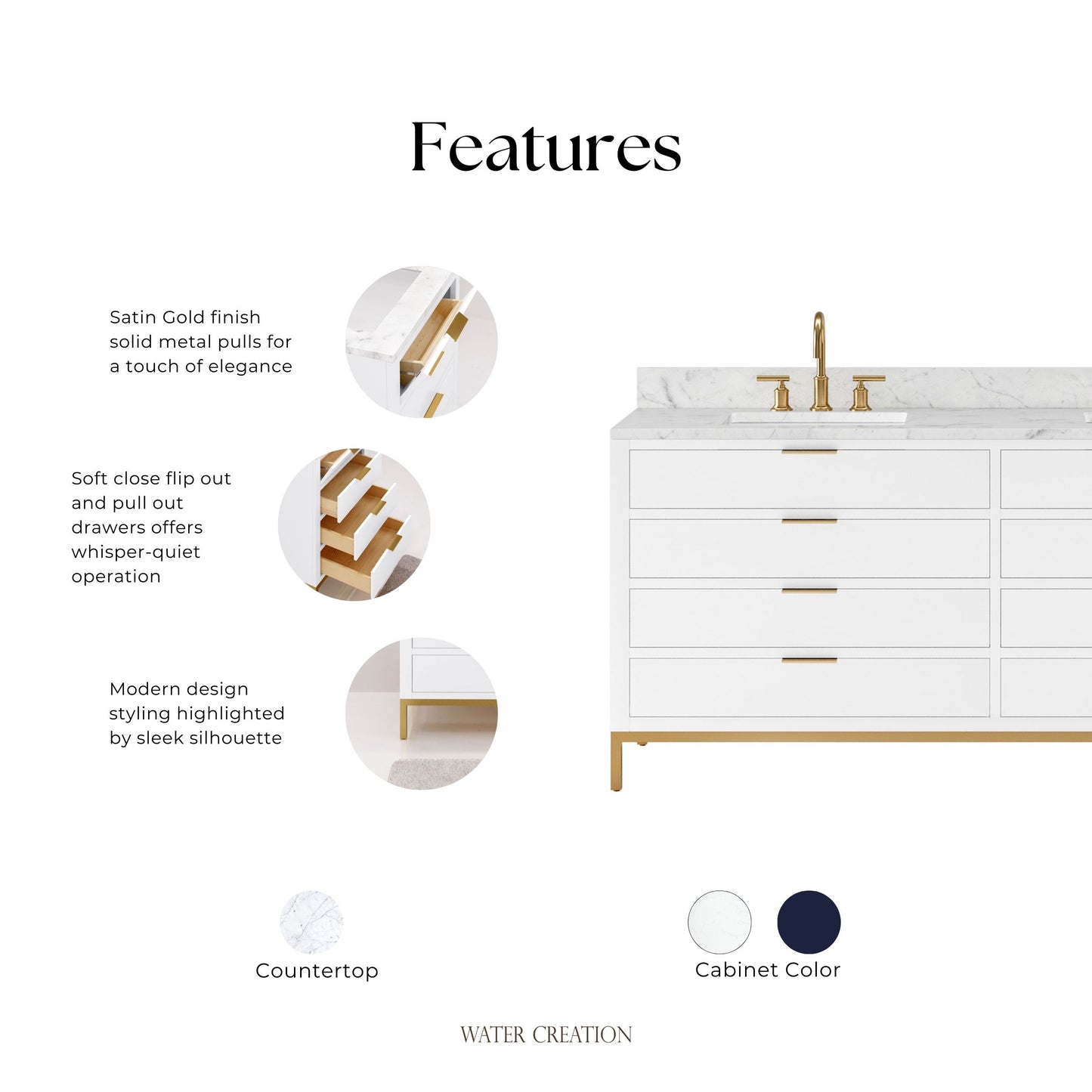 Bristol 72 in. W x 21.5 in. D Vanity in Pure White with Marble Top in White with White Basin | Water Creation