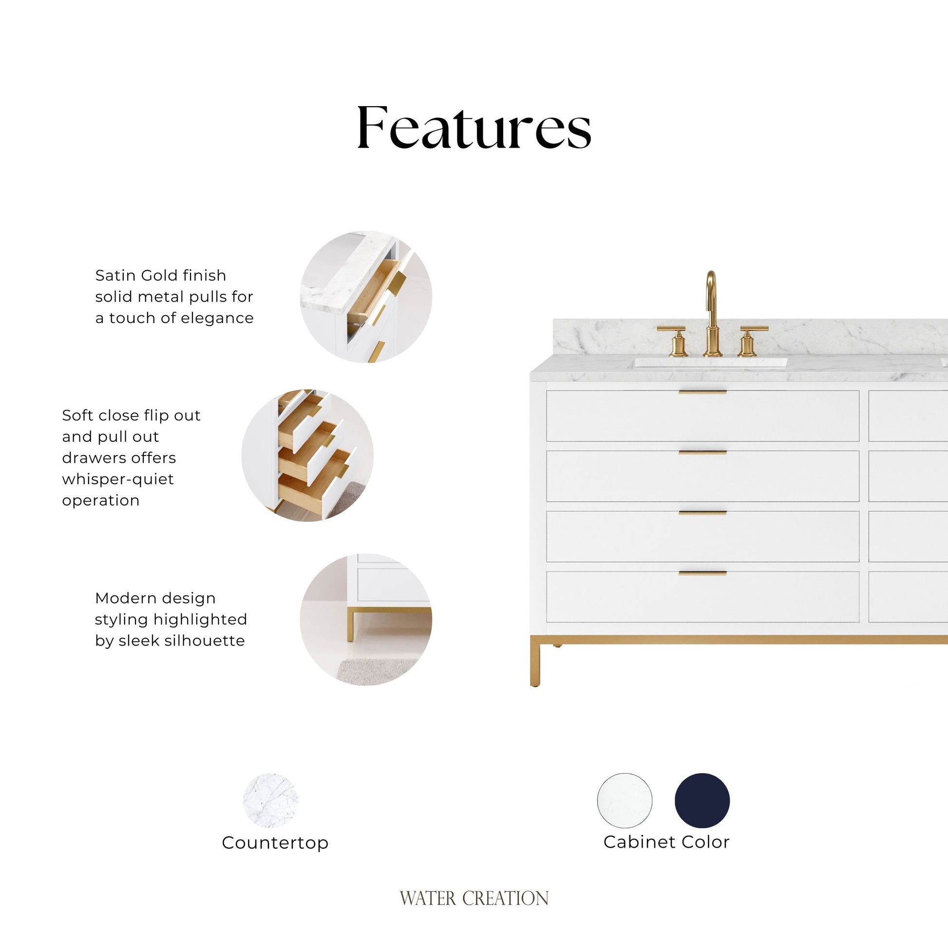 Bristol 72 in. W x 21.5 in. D Vanity in Pure White with Marble Top in White with White Basin | Water Creation