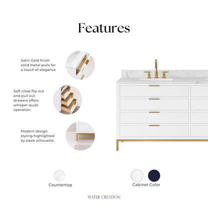 Bristol 72 in. W x 21.5 in. D Vanity in Pure White with Marble Top in White with White Basin | Water Creation