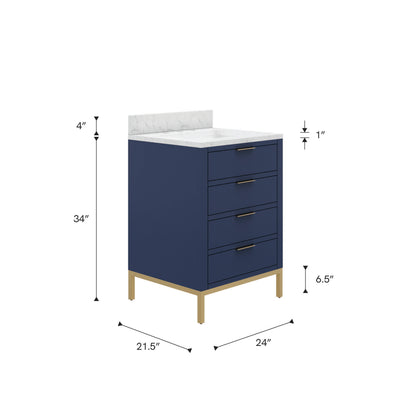 Bristol 24 in. W x 21.5 in. D Vanity in Monarch Blue with Marble Top in White with White Basin | Water Creation