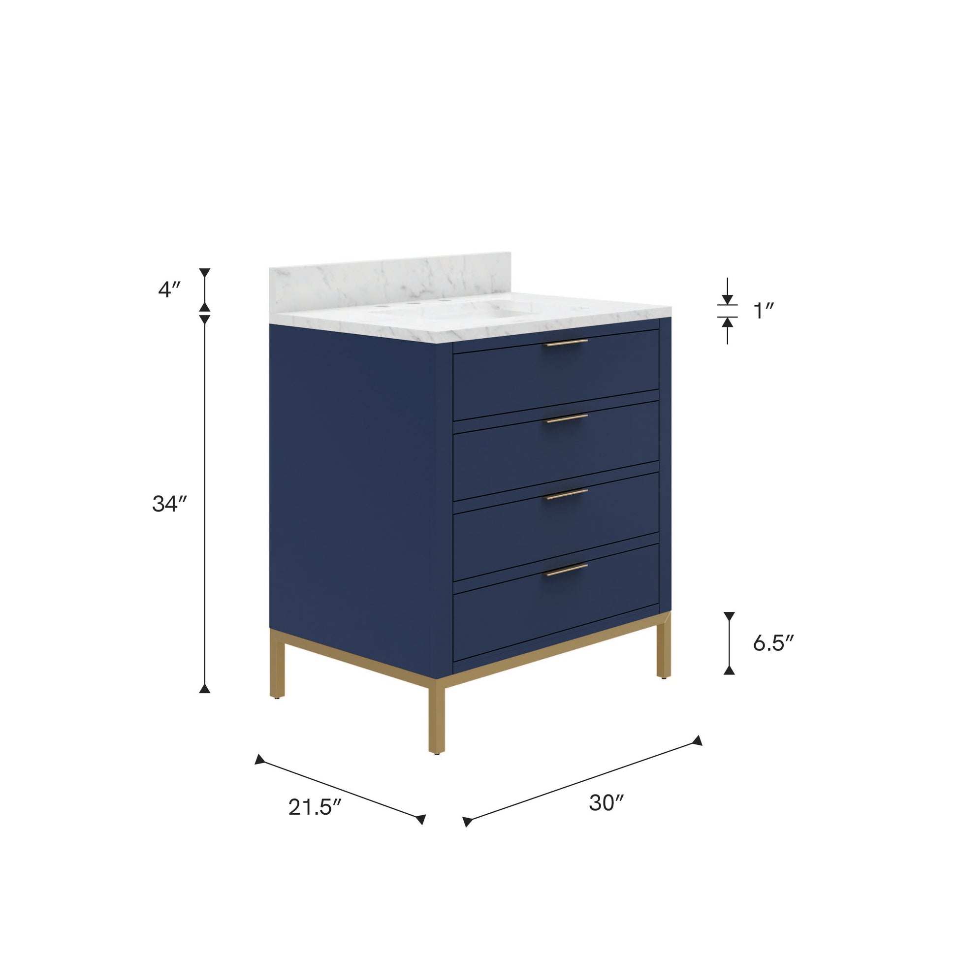 Bristol 30 in. W x 21.5 in. D Vanity in Monarch Blue with Marble Top in White with White Basin | Water Creation