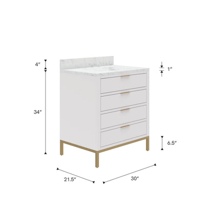 Bristol 30 in. W x 21.5 in. D Vanity in Pure White with Marble Top in White with White Basin | Water Creation