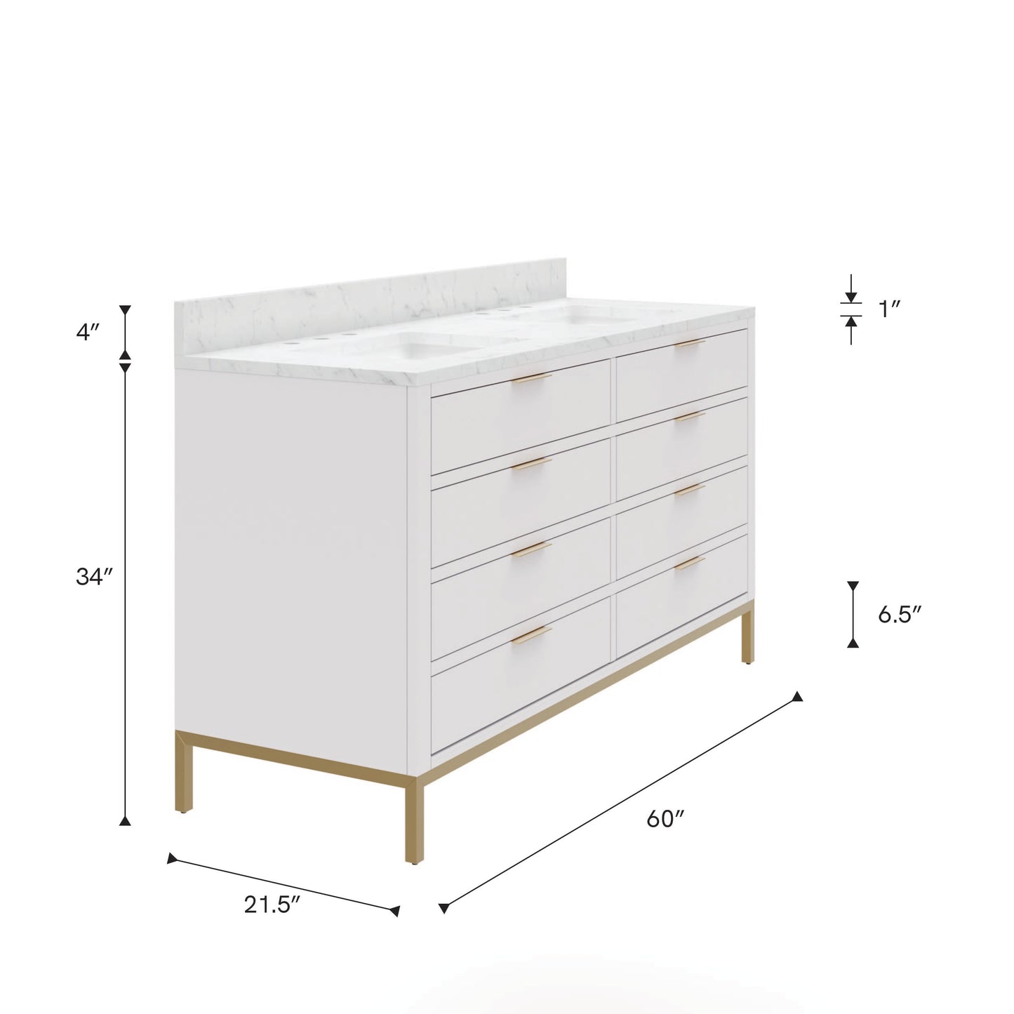 Bristol 60 in. W x 21.5 in. D Vanity in Pure White with Marble Top in White with White Basin | Water Creation