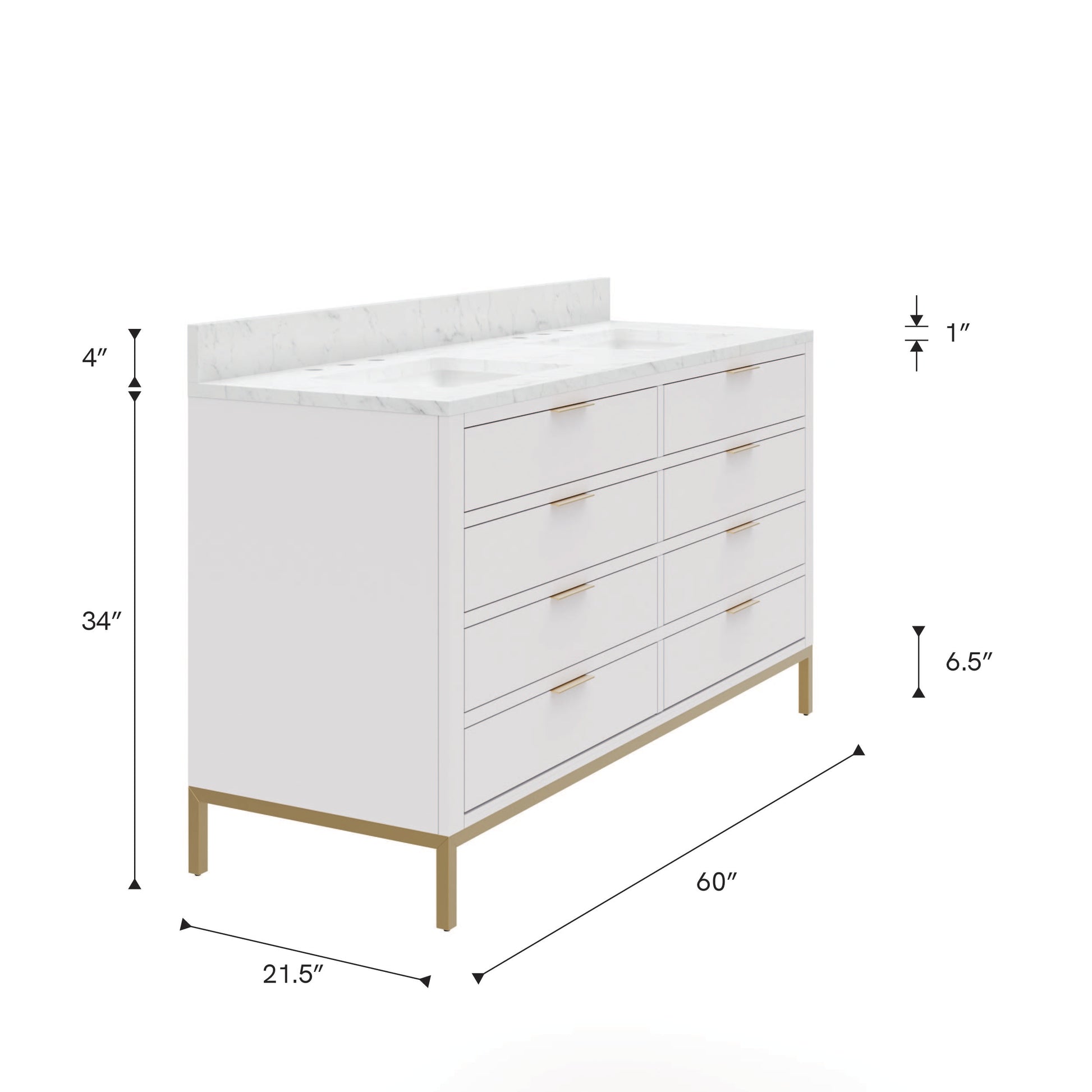Bristol 60 in. W x 21.5 in. D Vanity in Pure White with Marble Top in White with White Basin | Water Creation