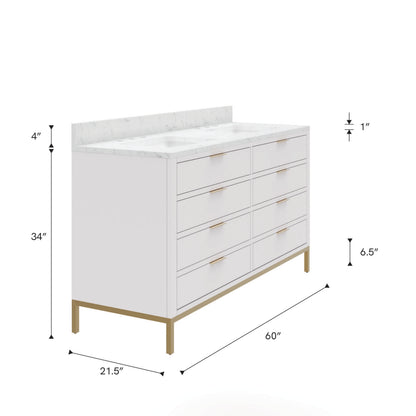 Bristol 60 in. W x 21.5 in. D Vanity in Pure White with Marble Top in White with White Basin | Water Creation
