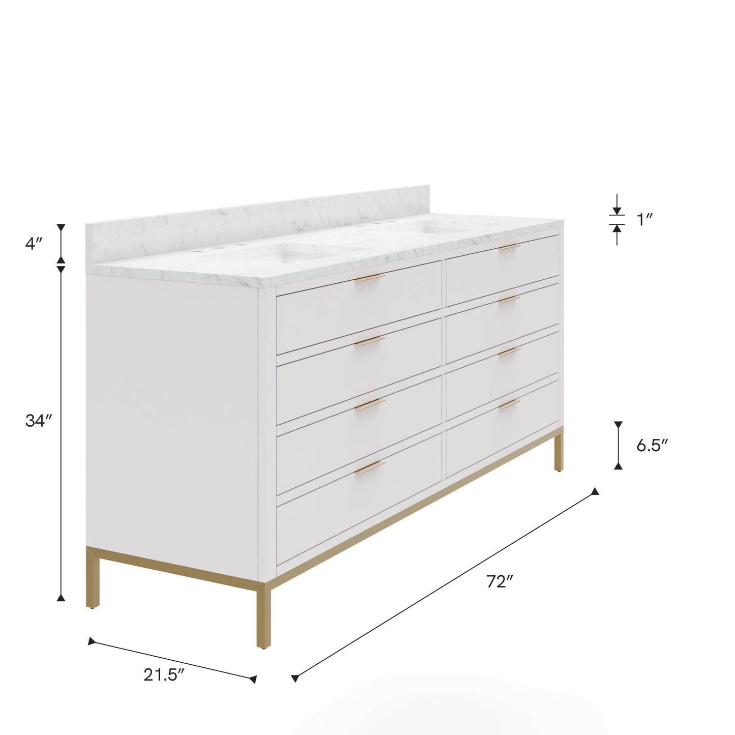 Bristol 72 in. W x 21.5 in. D Vanity in Pure White with Marble Top in White with White Basin | Water Creation