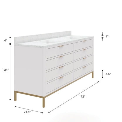 Bristol 72 in. W x 21.5 in. D Vanity in Pure White with Marble Top in White with White Basin | Water Creation