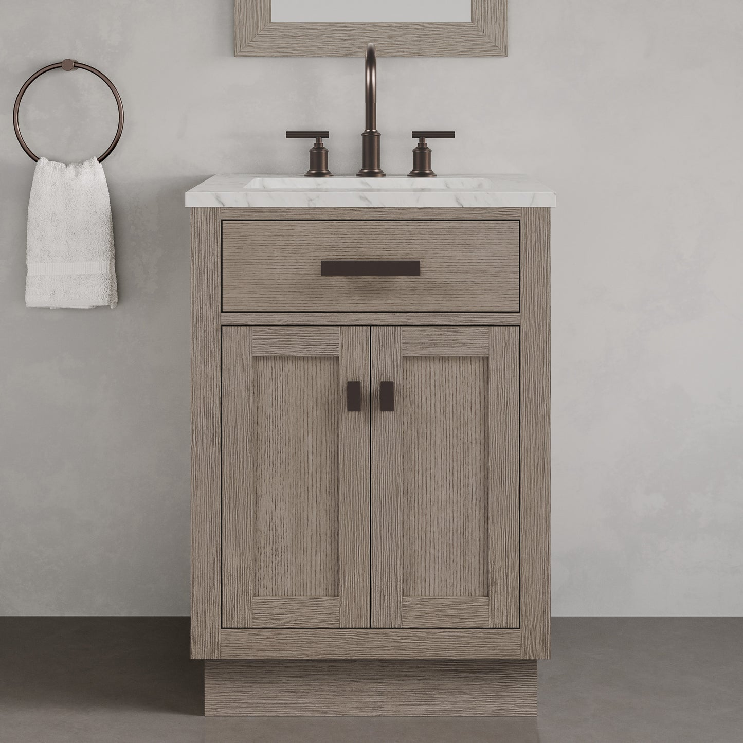 Chestnut 24 in. W x 21.5 in. D Vanity in Grey Oak with Marble Vanity Top in White with White Basin | Water Creation