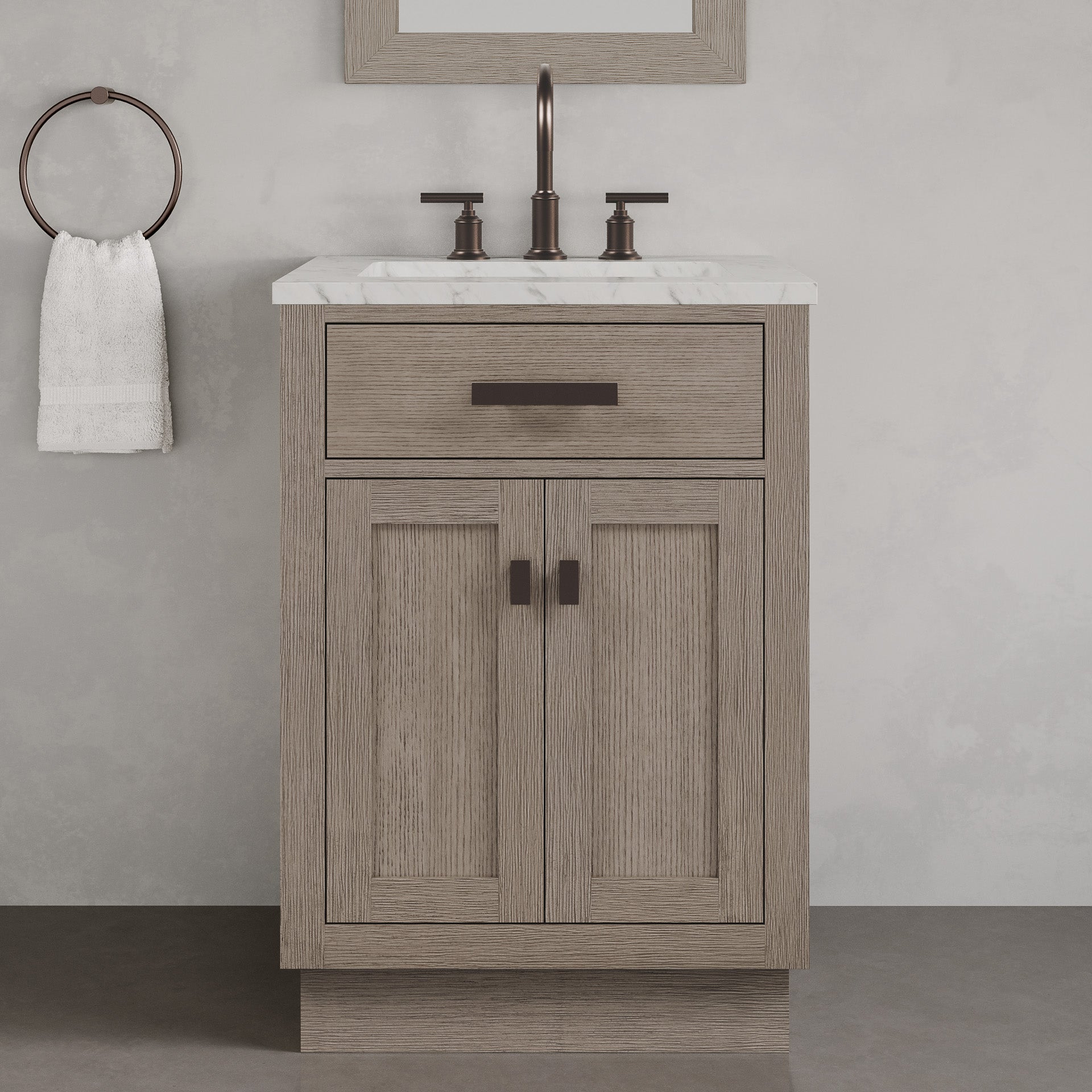 Chestnut 24 in. W x 21.5 in. D Vanity in Grey Oak with Marble Vanity Top in White with White Basin | Water Creation