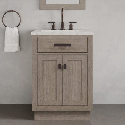 Chestnut 24 in. W x 21.5 in. D Vanity in Grey Oak with Marble Vanity Top in White with White Basin | Water Creation