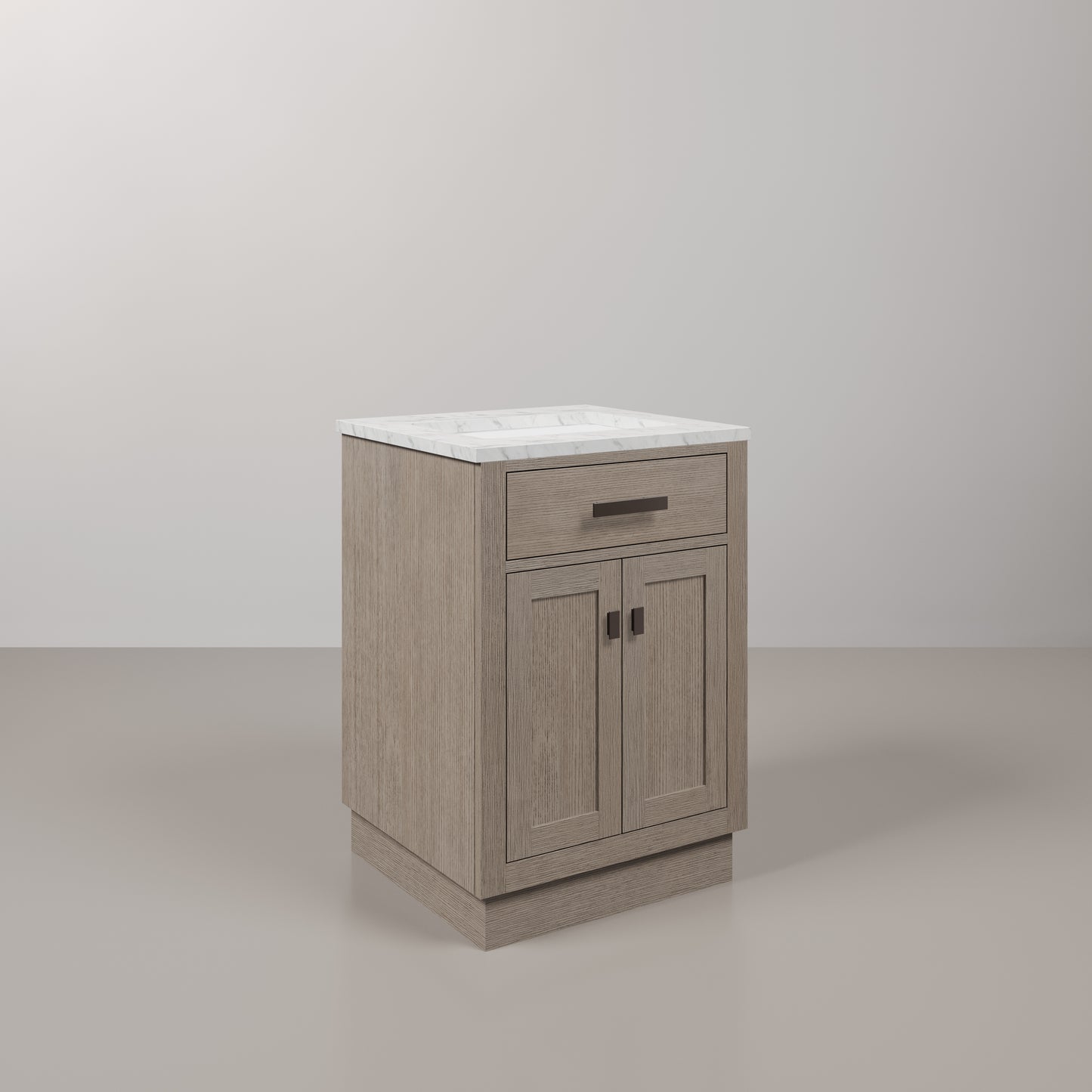 Chestnut 24 in. W x 21.5 in. D Vanity in Grey Oak with Marble Vanity Top in White with White Basin | Water Creation