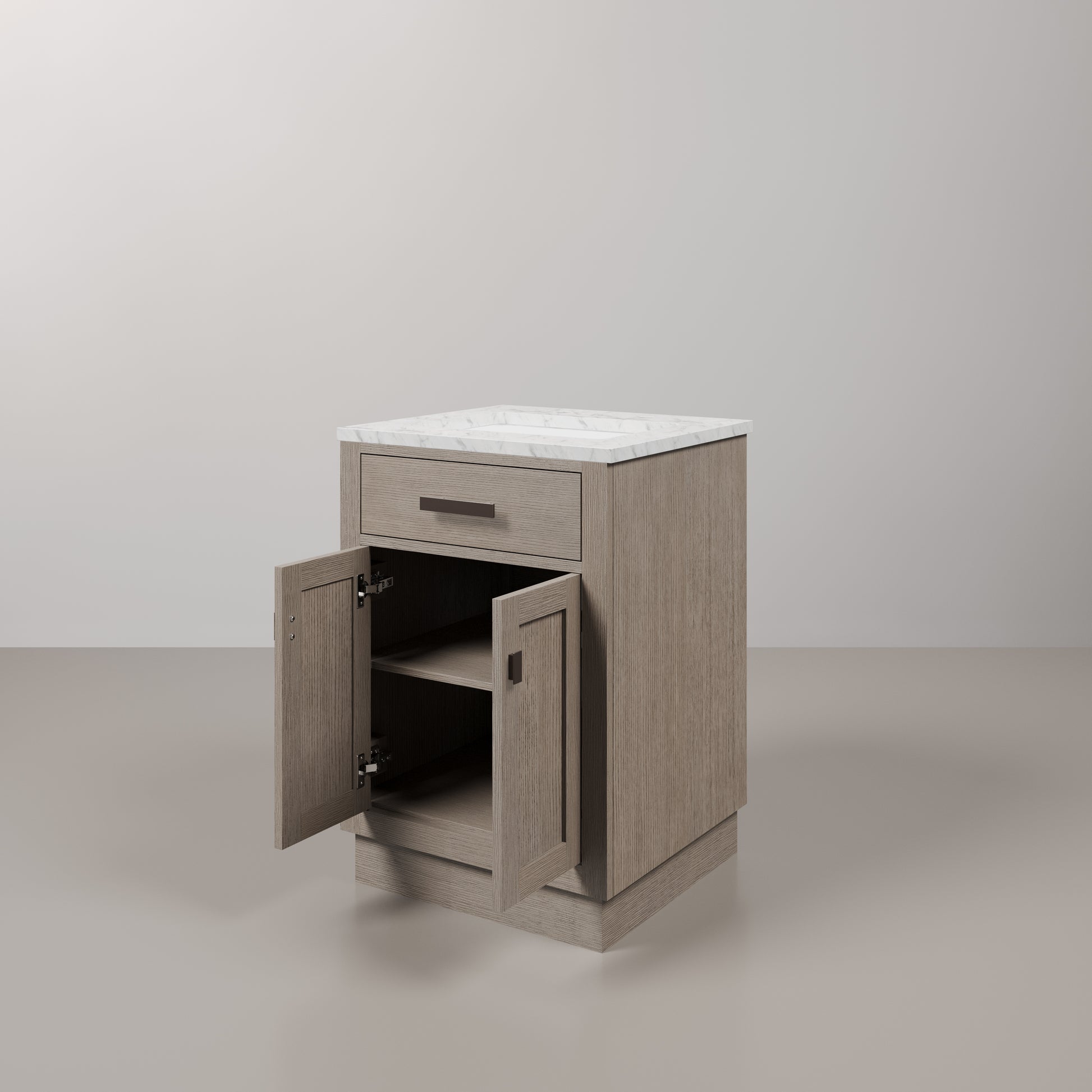 Chestnut 24 in. W x 21.5 in. D Vanity in Grey Oak with Marble Vanity Top in White with White Basin | Water Creation