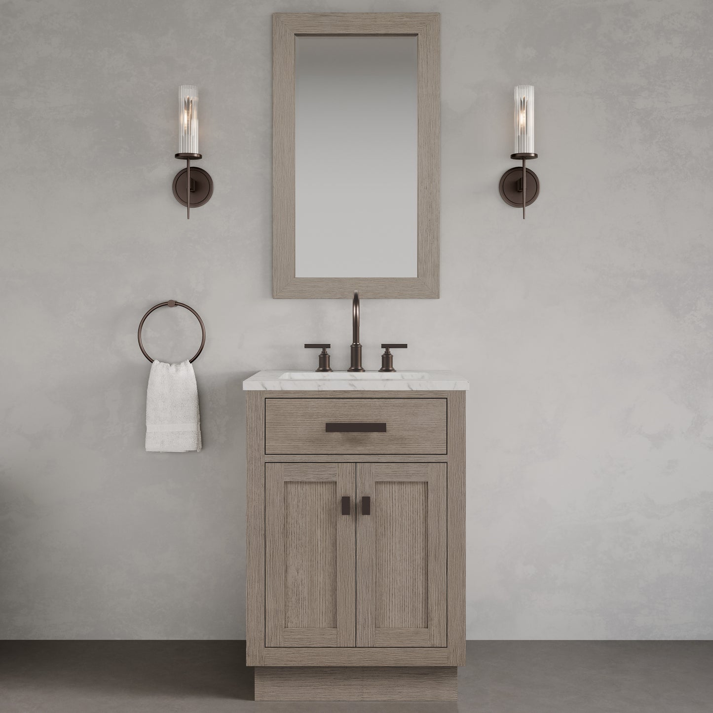 Chestnut 24 in. W x 21.5 in. D Vanity in Grey Oak with Marble Vanity Top in White with White Basin | Water Creation