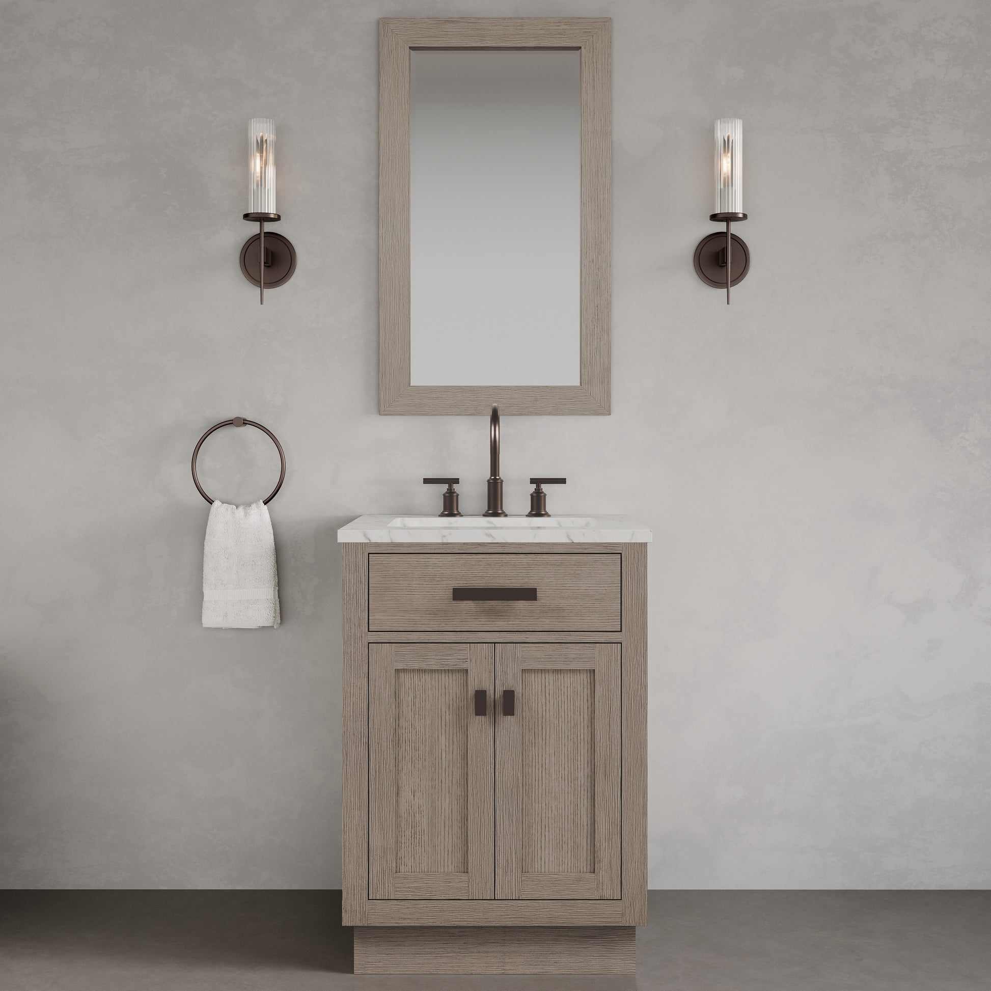 Chestnut 24 in. W x 21.5 in. D Vanity in Grey Oak with Marble Vanity Top in White with White Basin | Water Creation