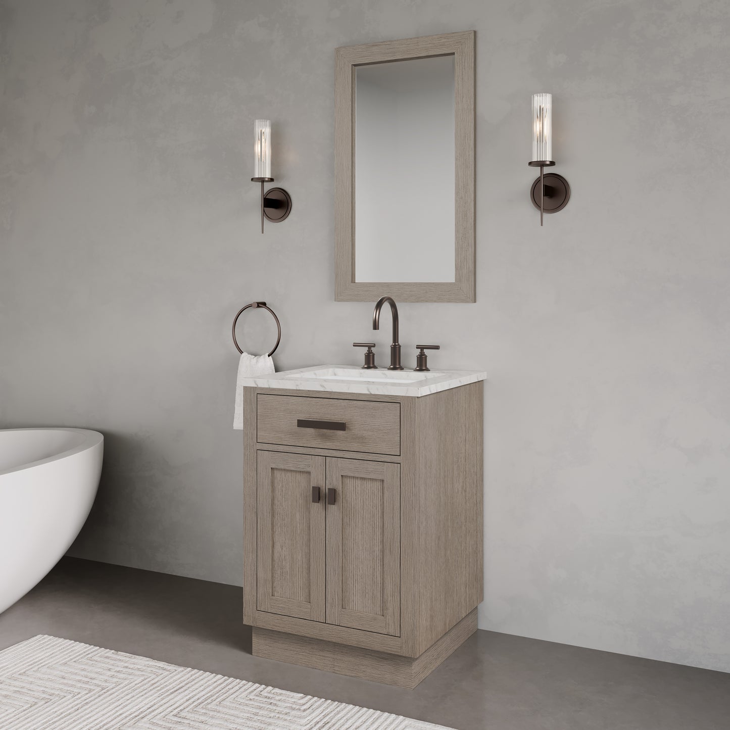 Chestnut 24 in. W x 21.5 in. D Vanity in Grey Oak with Marble Vanity Top in White with White Basin | Water Creation