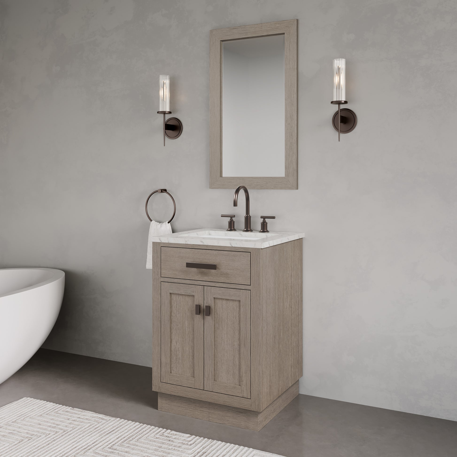 Chestnut 24 in. W x 21.5 in. D Vanity in Grey Oak with Marble Vanity Top in White with White Basin | Water Creation