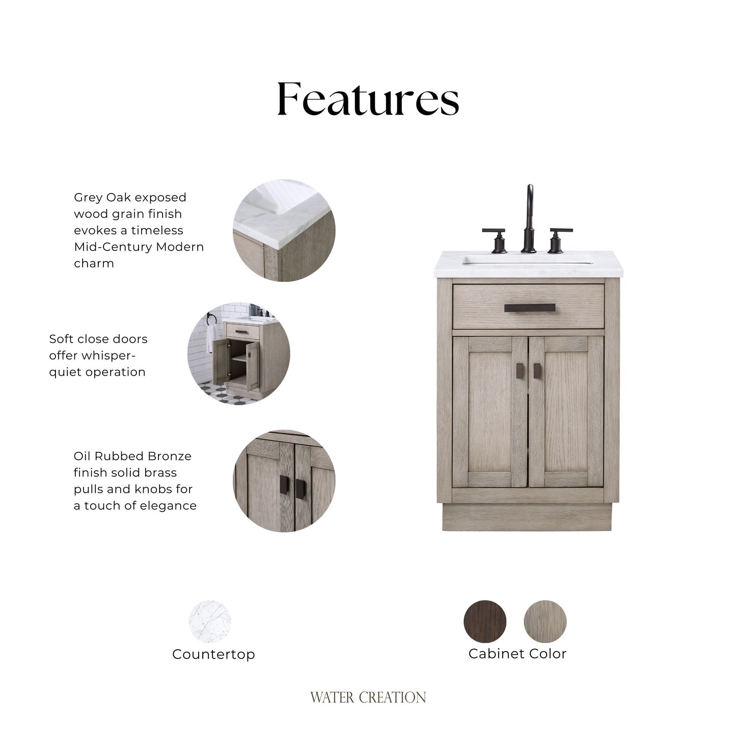 Chestnut 24 in. W x 21.5 in. D Vanity in Grey Oak with Marble Vanity Top in White with White Basin | Water Creation