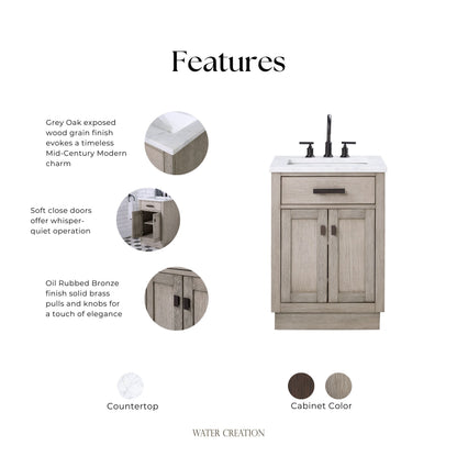 Chestnut 24 in. W x 21.5 in. D Vanity in Grey Oak with Marble Vanity Top in White with White Basin | Water Creation