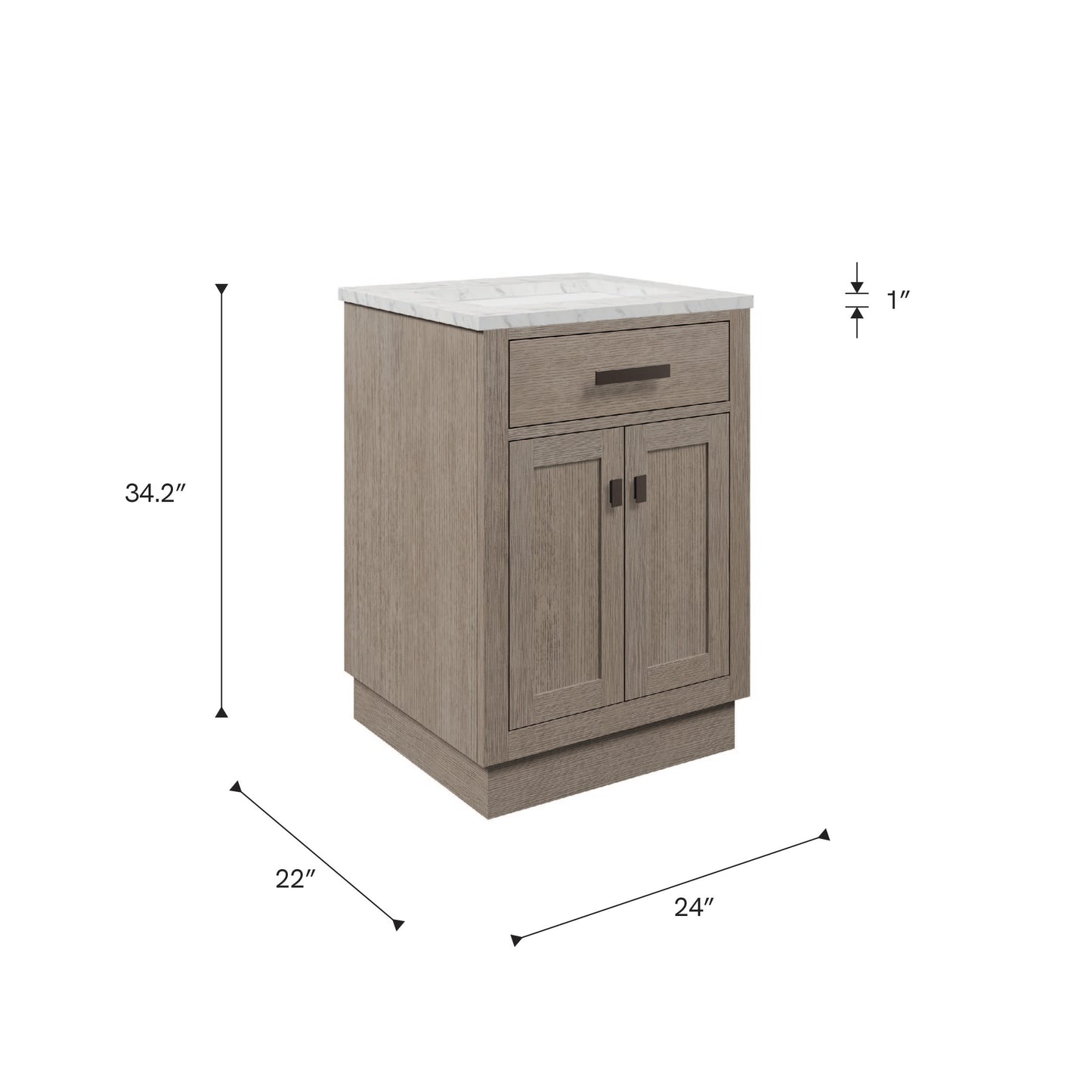 Chestnut 24 in. W x 21.5 in. D Vanity in Grey Oak with Marble Vanity Top in White with White Basin | Water Creation