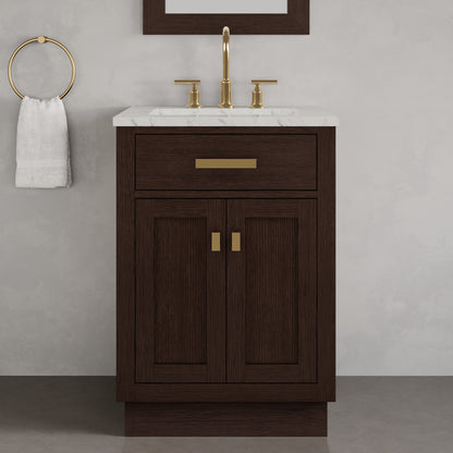 Chestnut 24 in. W x 21.5 in. D Vanity in Brown Oak with Marble Vanity Top in White with White Basin | Water Creation