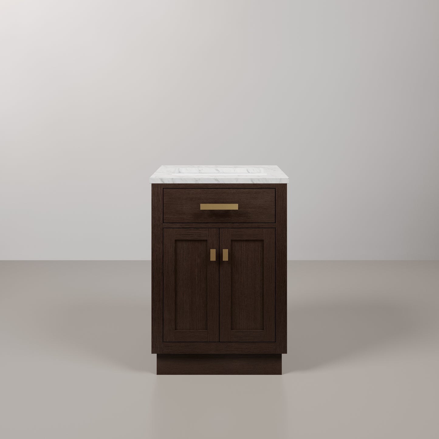Chestnut 24 in. W x 21.5 in. D Vanity in Brown Oak with Marble Vanity Top in White with White Basin | Water Creation