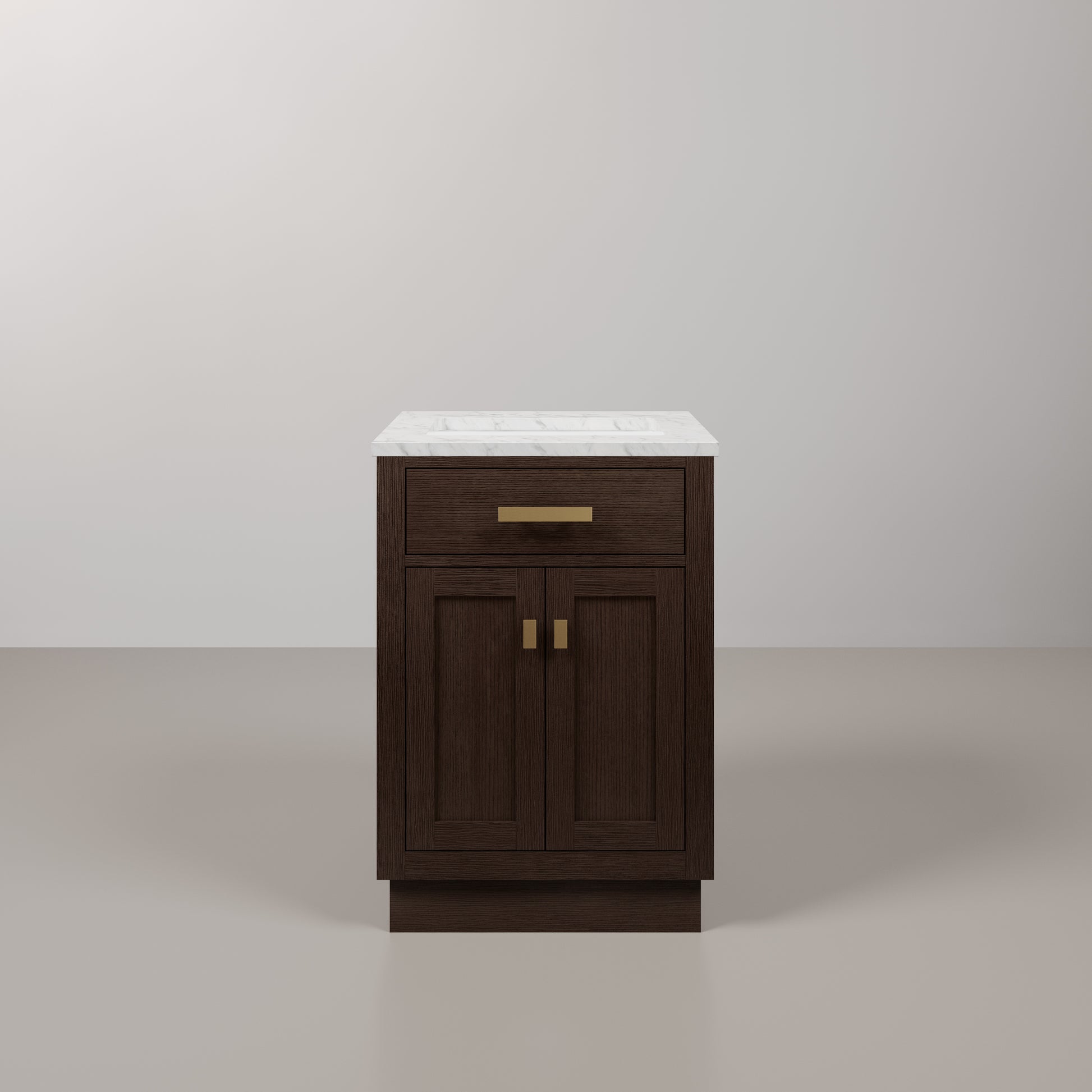 Chestnut 24 in. W x 21.5 in. D Vanity in Brown Oak with Marble Vanity Top in White with White Basin | Water Creation