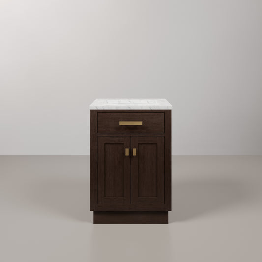 Chestnut 24 in. W x 21.5 in. D Vanity in Brown Oak with Marble Vanity Top in White with White Basin | Water Creation
