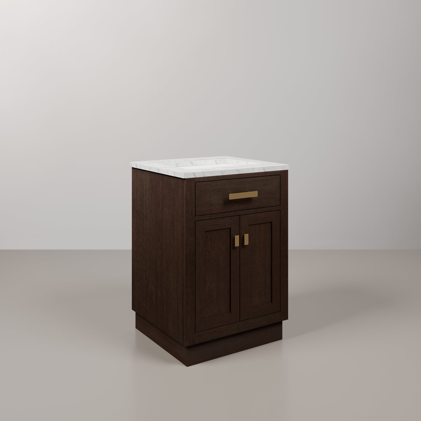 Chestnut 24 in. W x 21.5 in. D Vanity in Brown Oak with Marble Vanity Top in White with White Basin | Water Creation