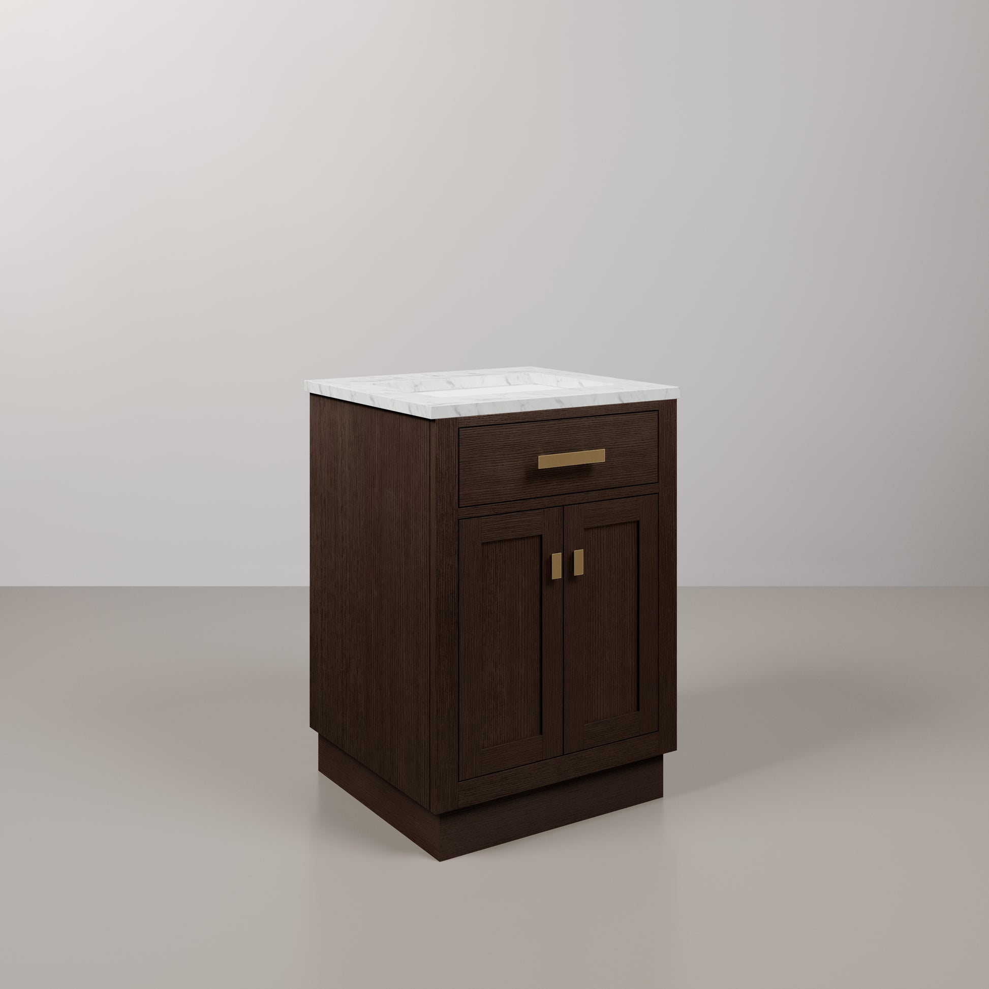 Chestnut 24 in. W x 21.5 in. D Vanity in Brown Oak with Marble Vanity Top in White with White Basin | Water Creation