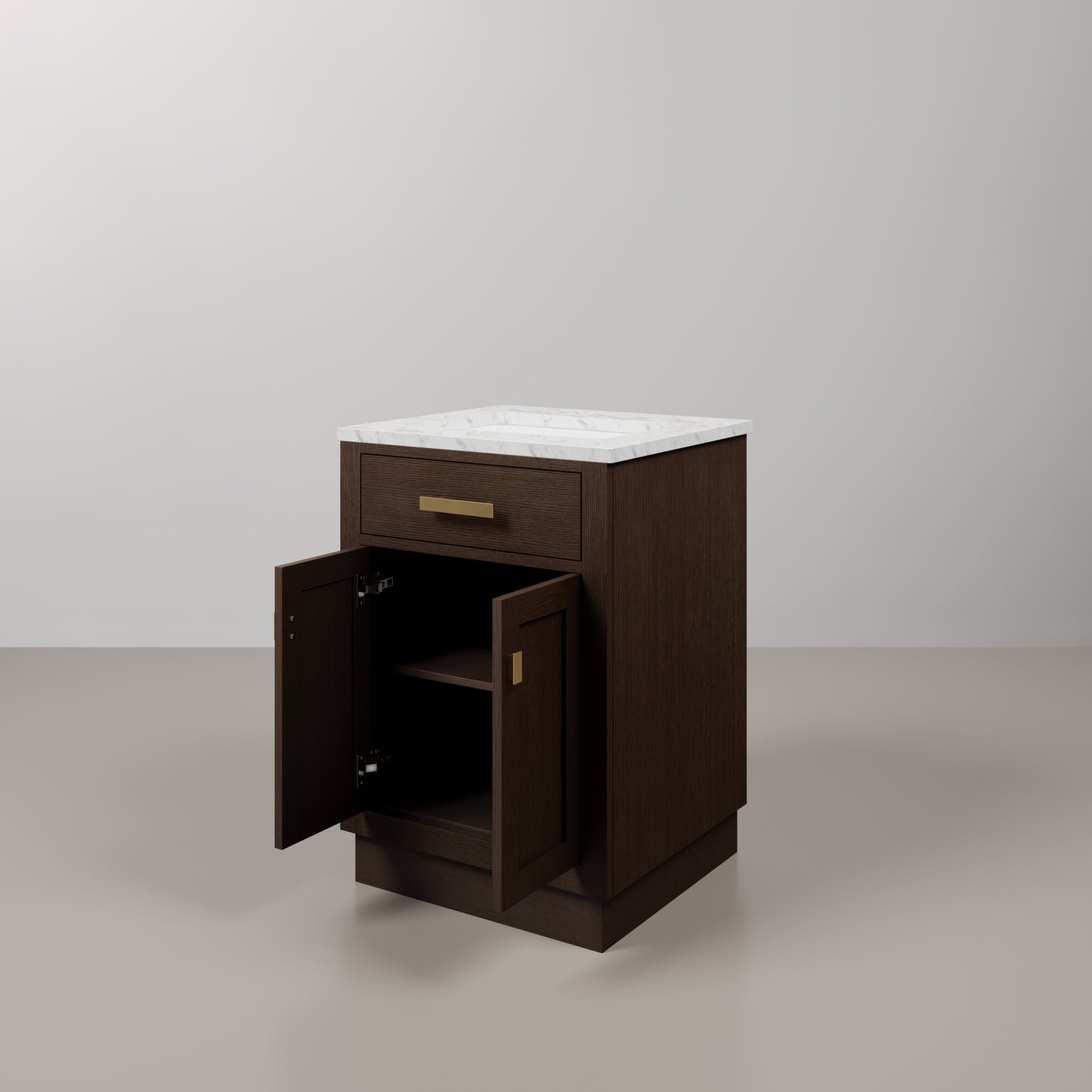Chestnut 24 in. W x 21.5 in. D Vanity in Brown Oak with Marble Vanity Top in White with White Basin | Water Creation