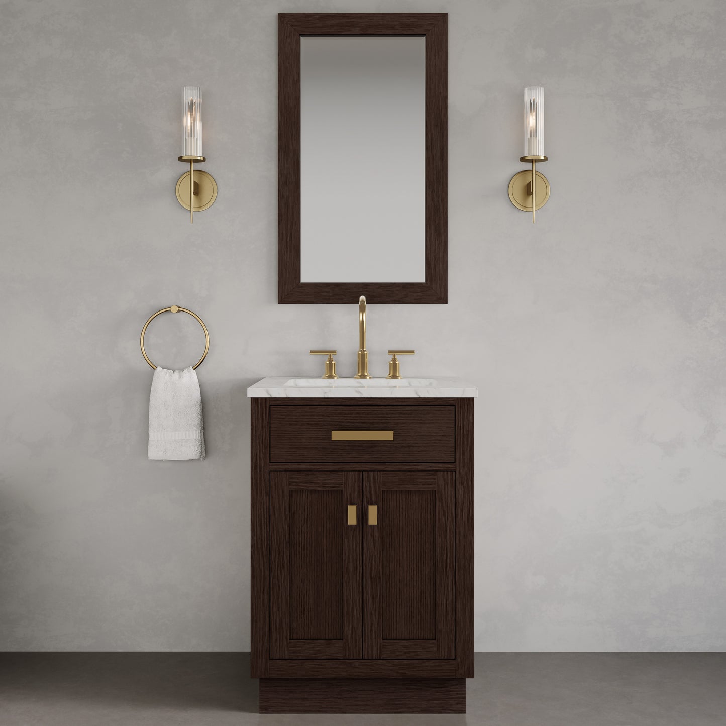 Chestnut 24 in. W x 21.5 in. D Vanity in Brown Oak with Marble Vanity Top in White with White Basin | Water Creation