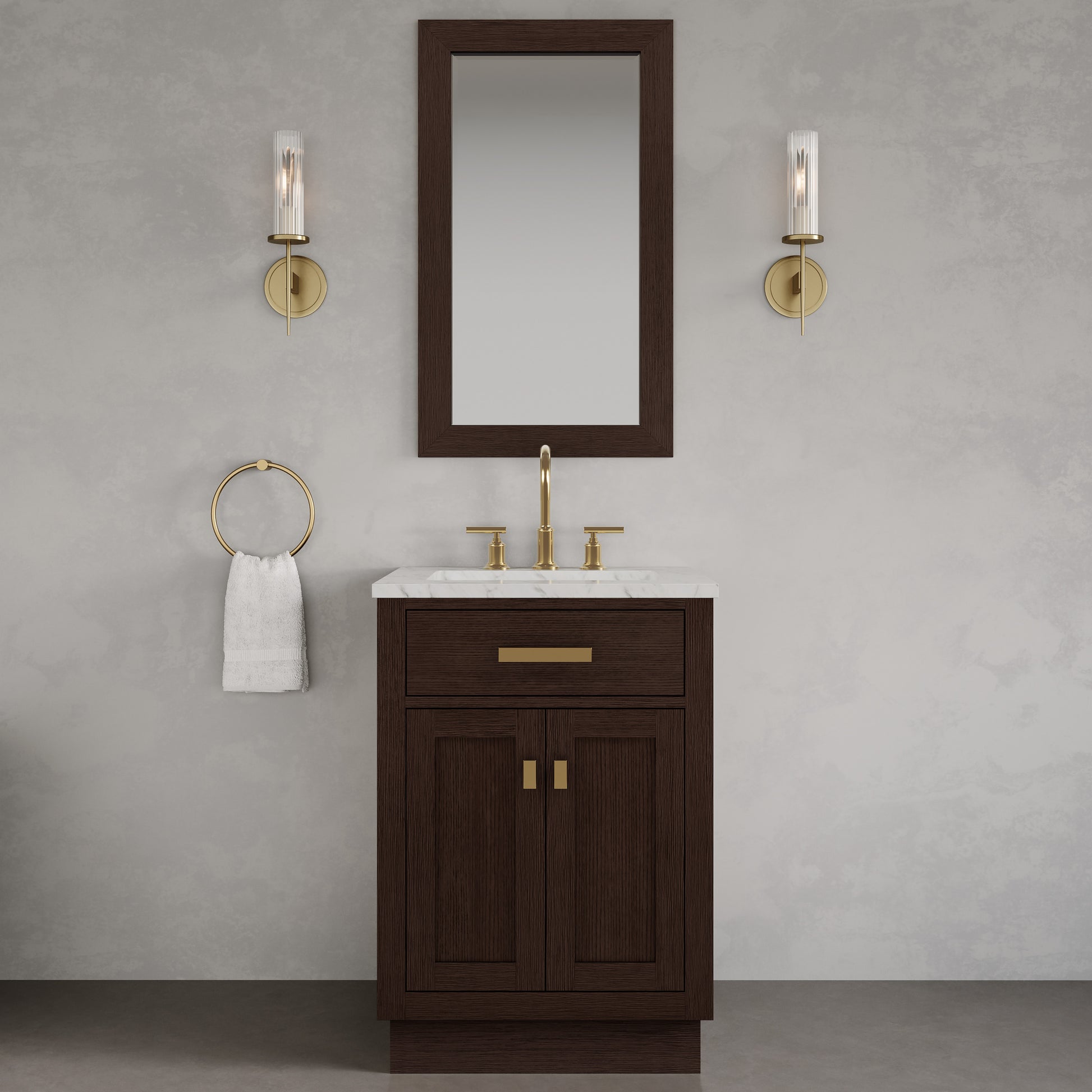 Chestnut 24 in. W x 21.5 in. D Vanity in Brown Oak with Marble Vanity Top in White with White Basin | Water Creation