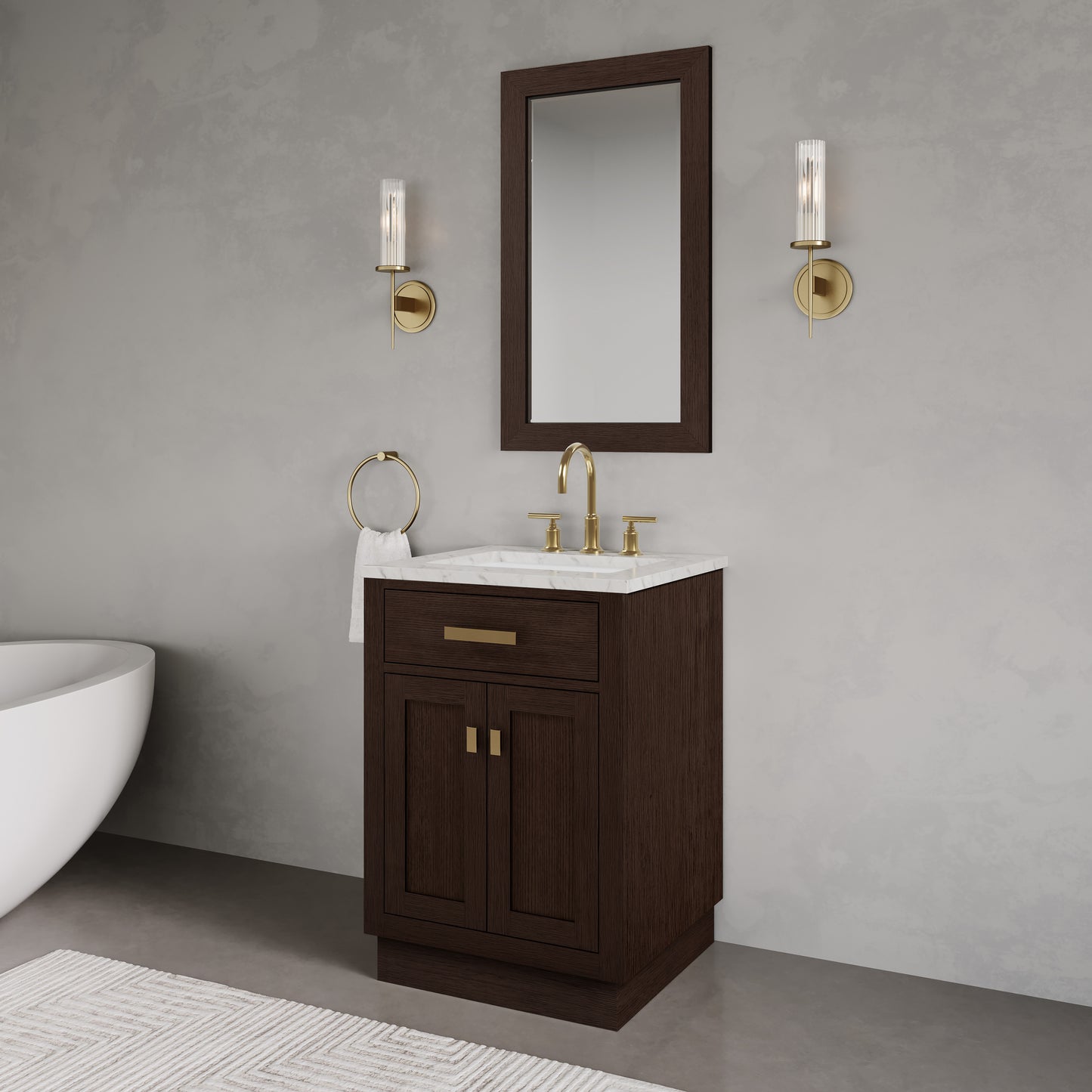 Chestnut 24 in. W x 21.5 in. D Vanity in Brown Oak with Marble Vanity Top in White with White Basin | Water Creation