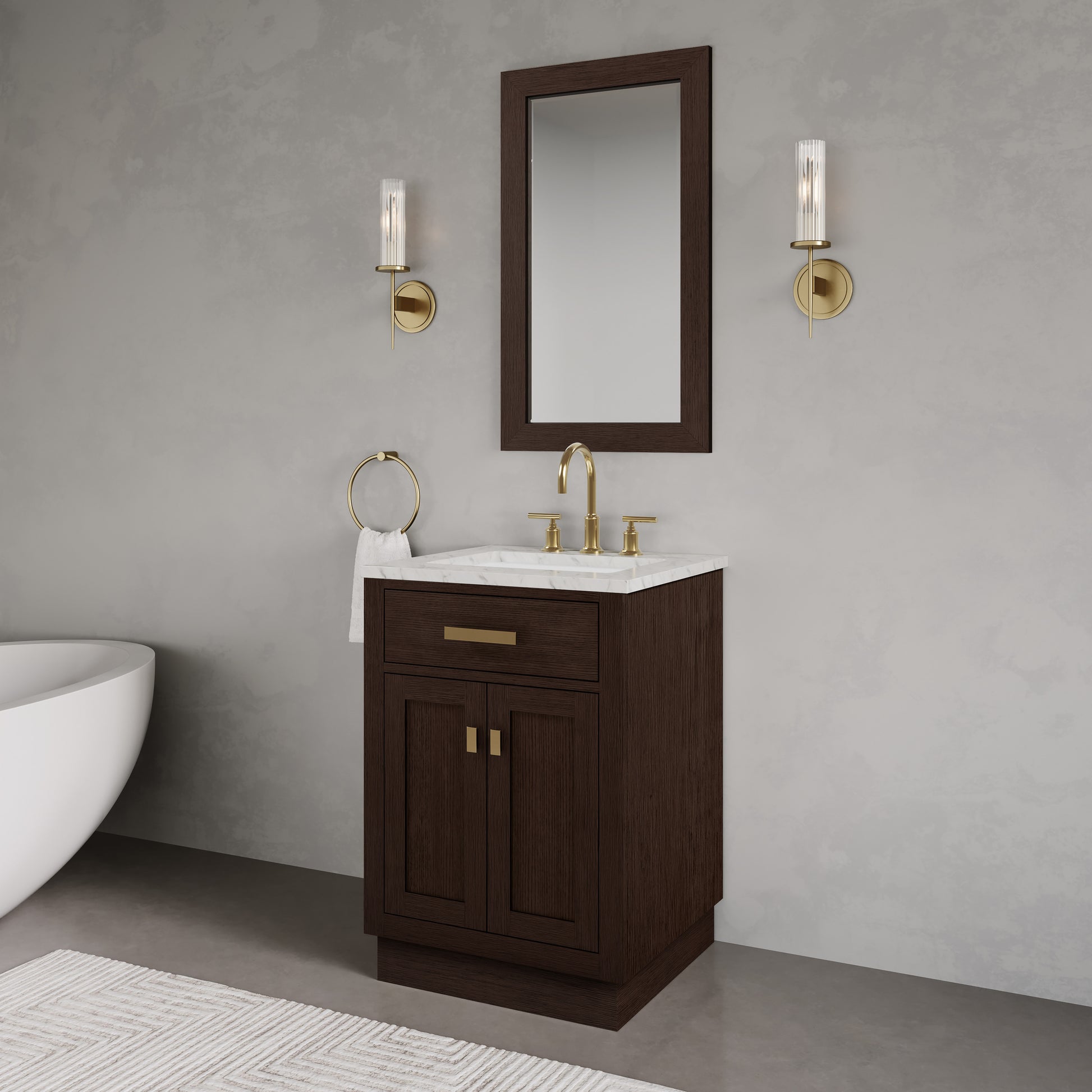 Chestnut 24 in. W x 21.5 in. D Vanity in Brown Oak with Marble Vanity Top in White with White Basin | Water Creation