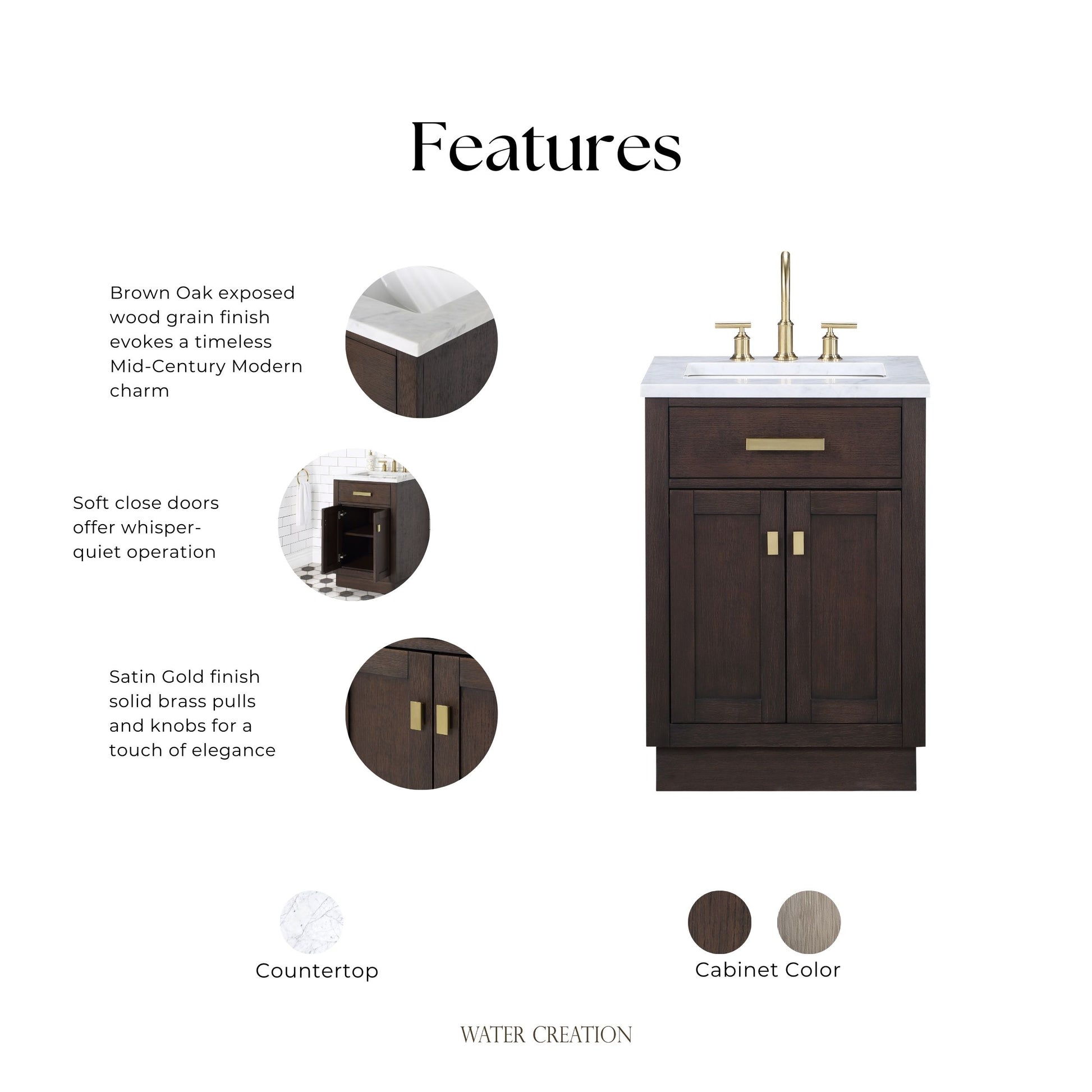 Chestnut 24 in. W x 21.5 in. D Vanity in Brown Oak with Marble Vanity Top in White with White Basin | Water Creation