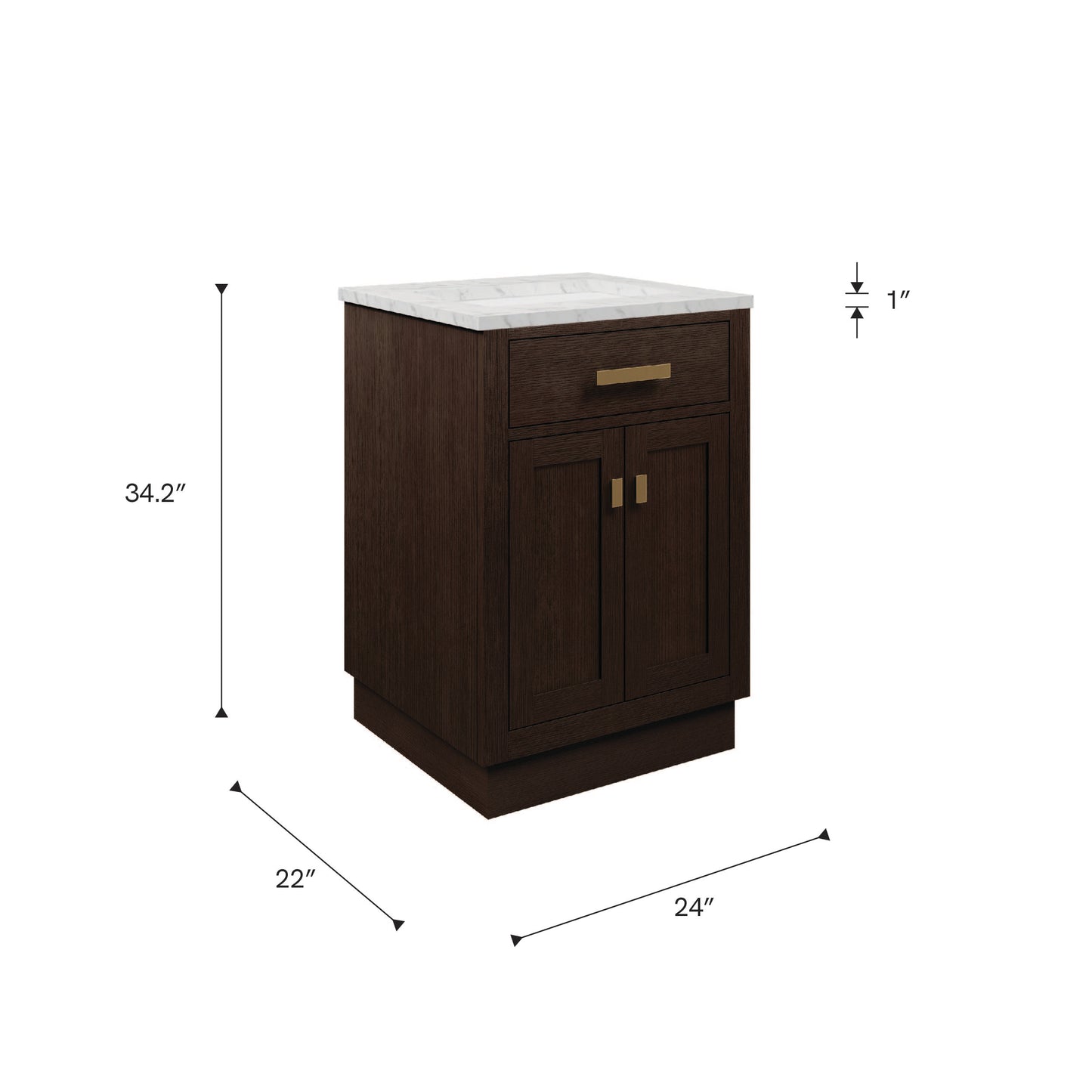 Chestnut 24 in. W x 21.5 in. D Vanity in Brown Oak with Marble Vanity Top in White with White Basin | Water Creation