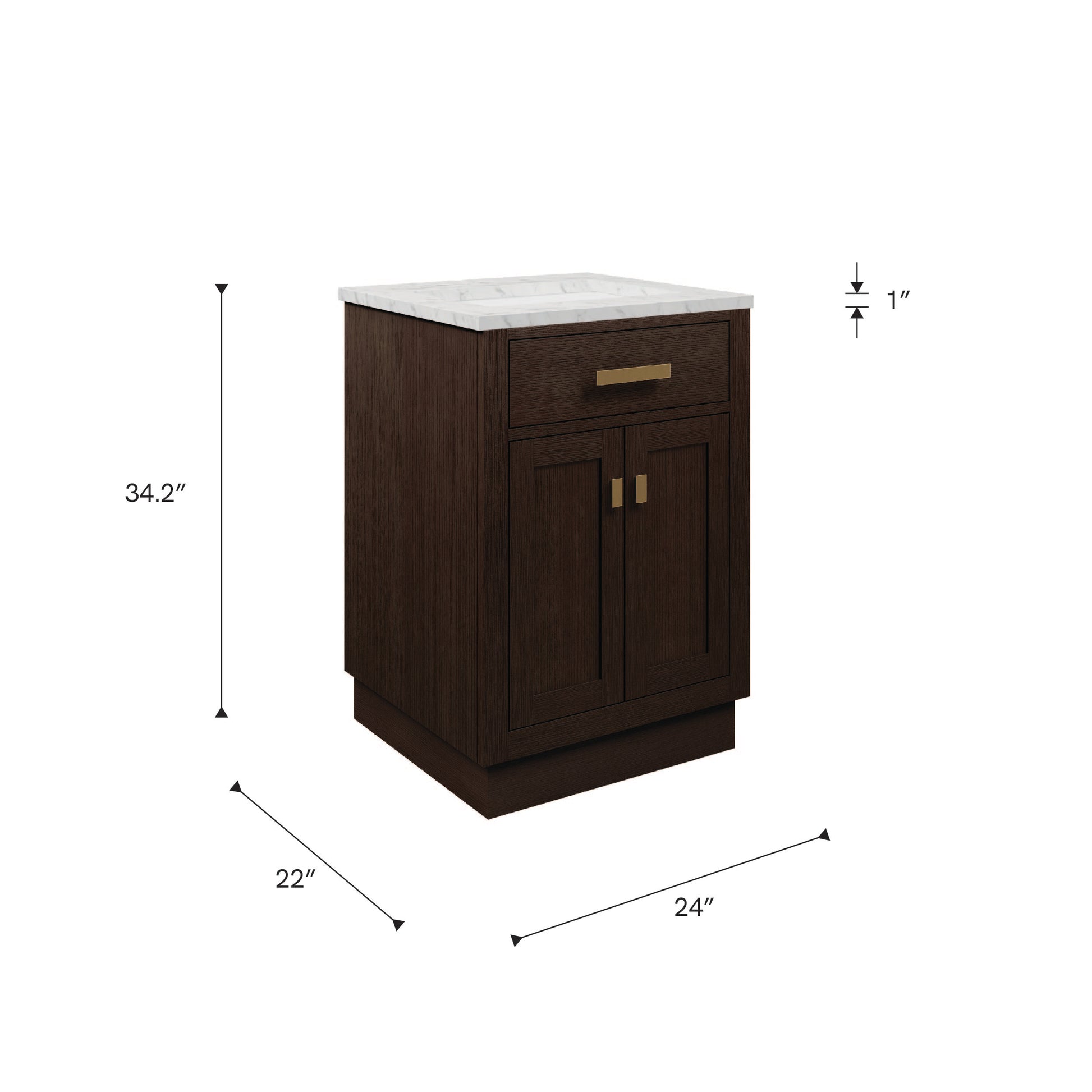 Chestnut 24 in. W x 21.5 in. D Vanity in Brown Oak with Marble Vanity Top in White with White Basin | Water Creation