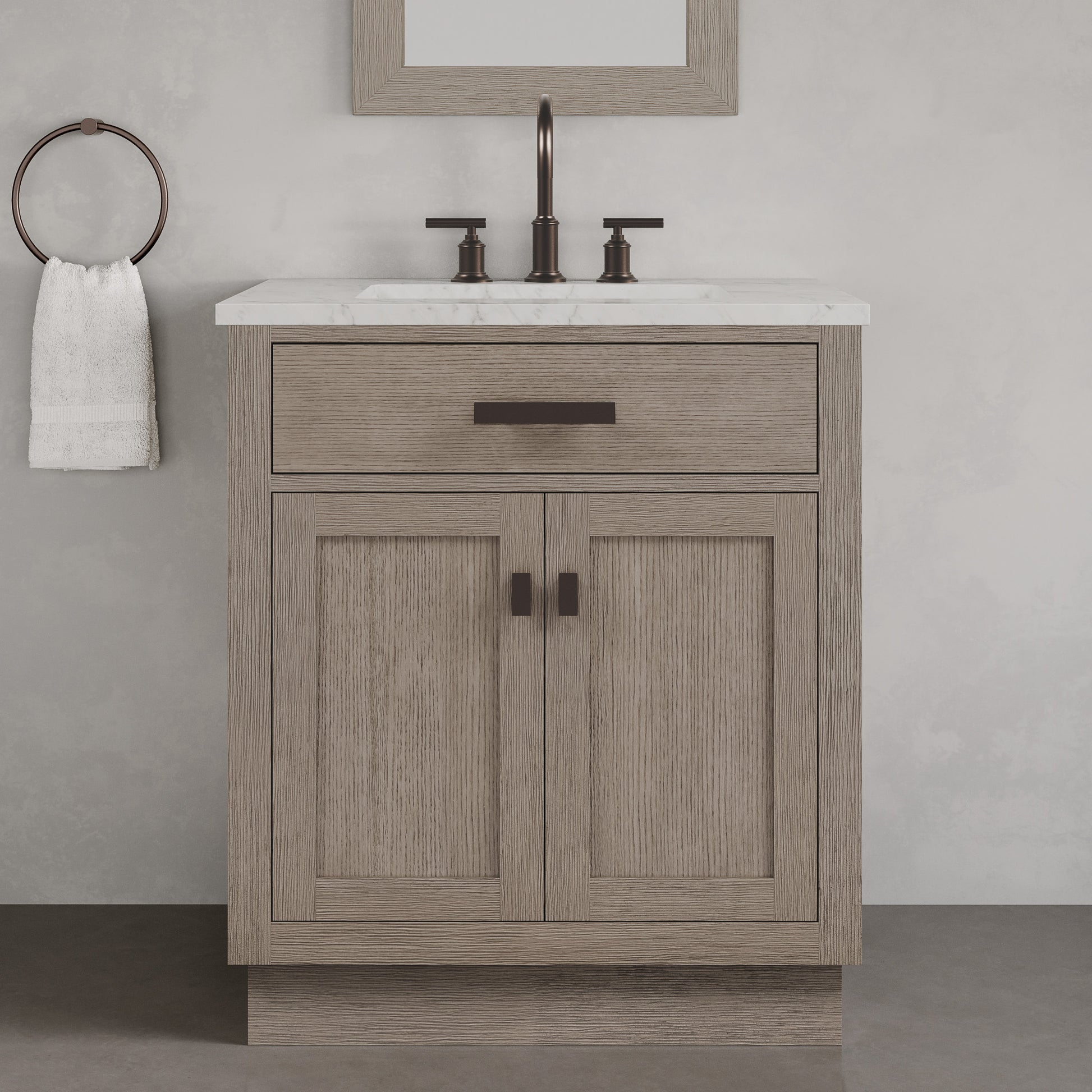 Chestnut 30 in. W x 21.5 in. D Vanity in Grey Oak with Marble Vanity Top in White with White Basin | Water Creation