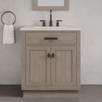 Chestnut 30 in. W x 21.5 in. D Vanity in Grey Oak with Marble Vanity Top in White with White Basin | Water Creation