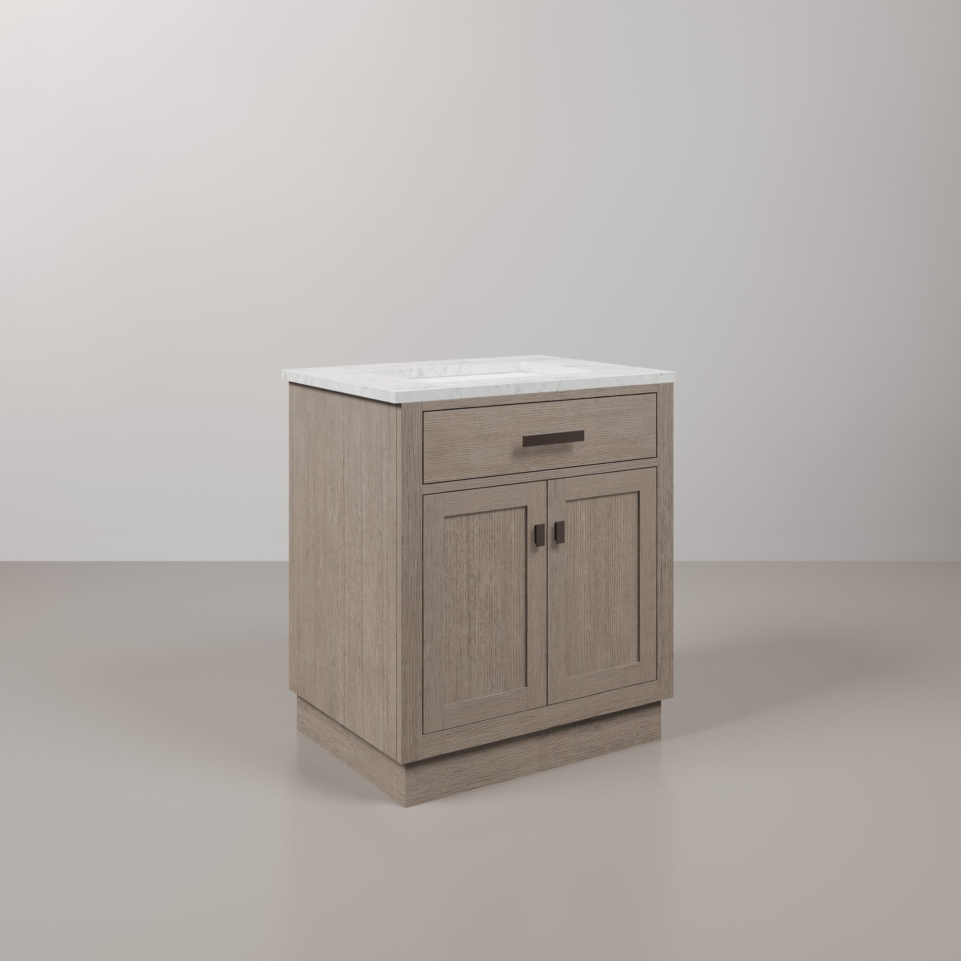 Chestnut 30 in. W x 21.5 in. D Vanity in Grey Oak with Marble Vanity Top in White with White Basin | Water Creation