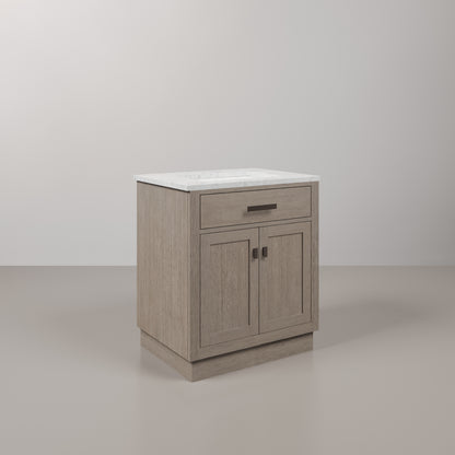 Chestnut 30 in. W x 21.5 in. D Vanity in Grey Oak with Marble Vanity Top in White with White Basin | Water Creation