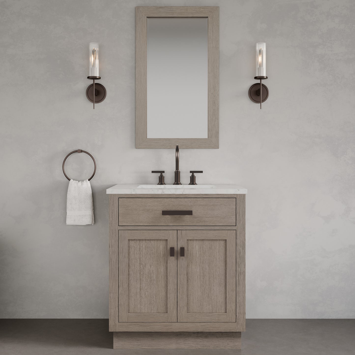 Chestnut 30 in. W x 21.5 in. D Vanity in Grey Oak with Marble Vanity Top in White with White Basin | Water Creation