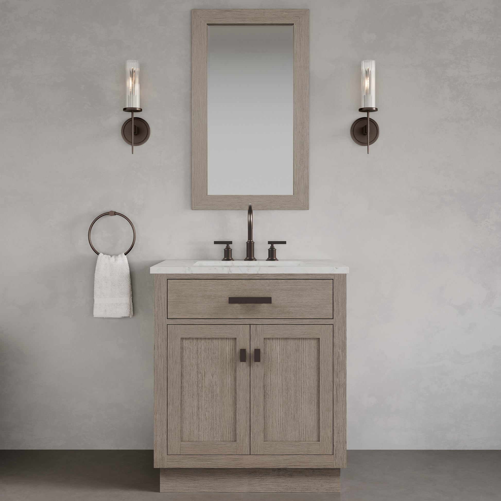 Chestnut 30 in. W x 21.5 in. D Vanity in Grey Oak with Marble Vanity Top in White with White Basin | Water Creation