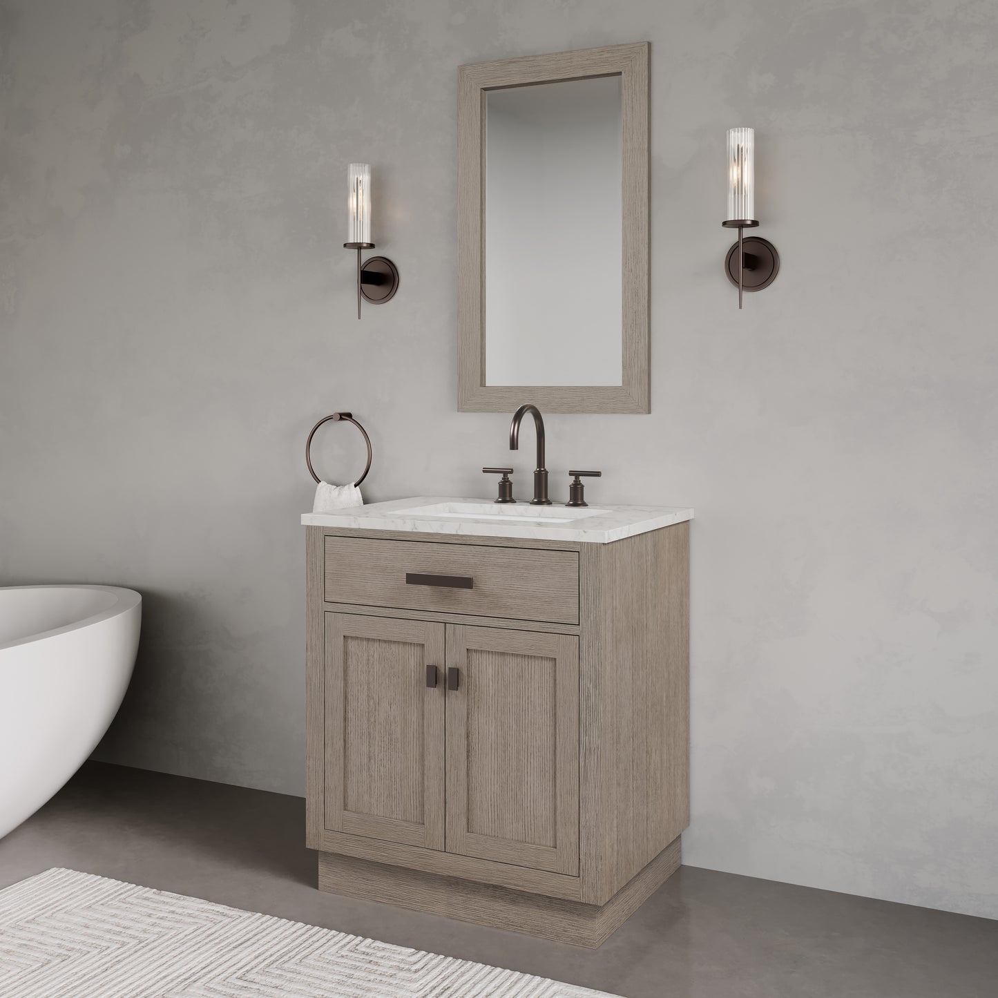 Chestnut 30 in. W x 21.5 in. D Vanity in Grey Oak with Marble Vanity Top in White with White Basin | Water Creation
