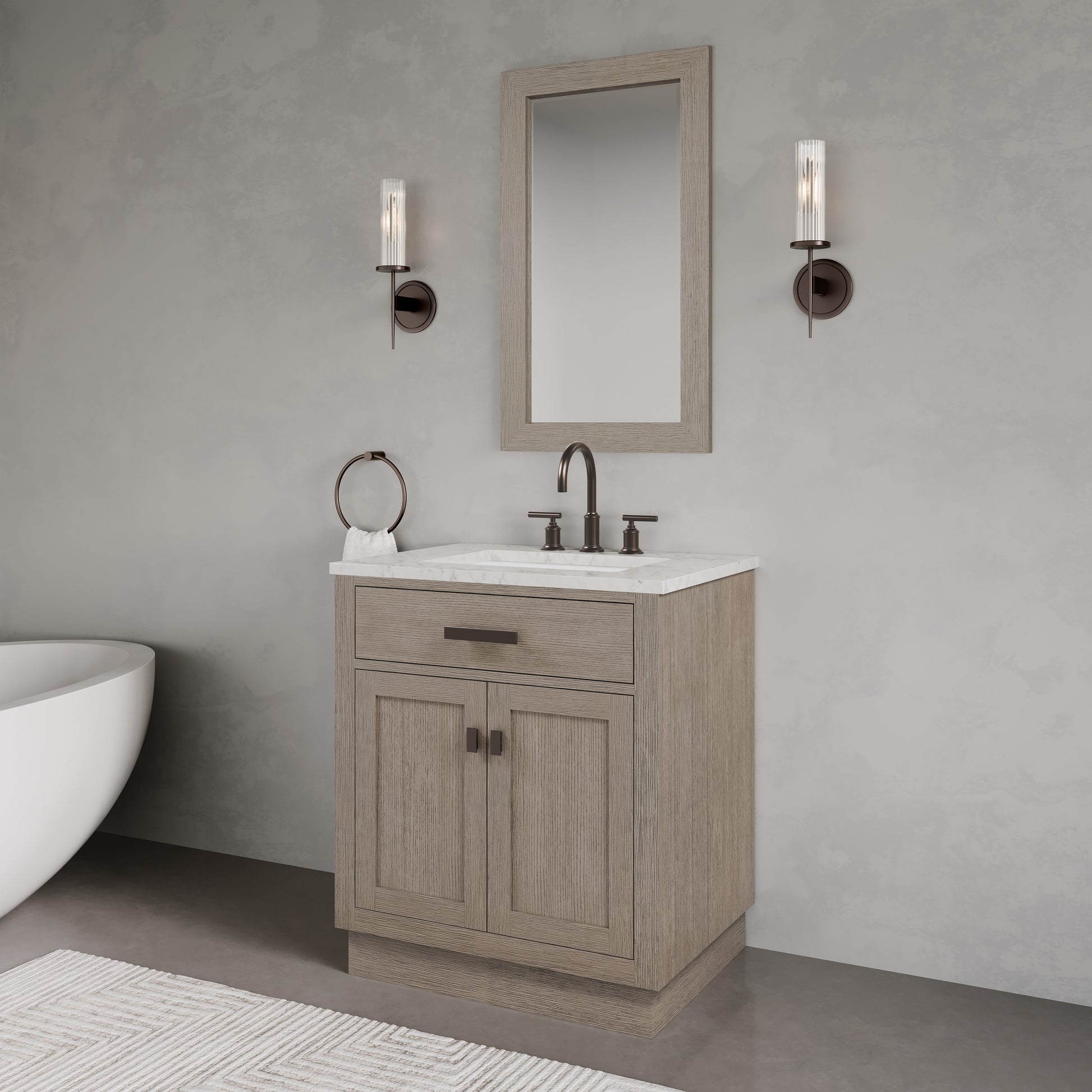 Chestnut 30 in. W x 21.5 in. D Vanity in Grey Oak with Marble Vanity Top in White with White Basin | Water Creation
