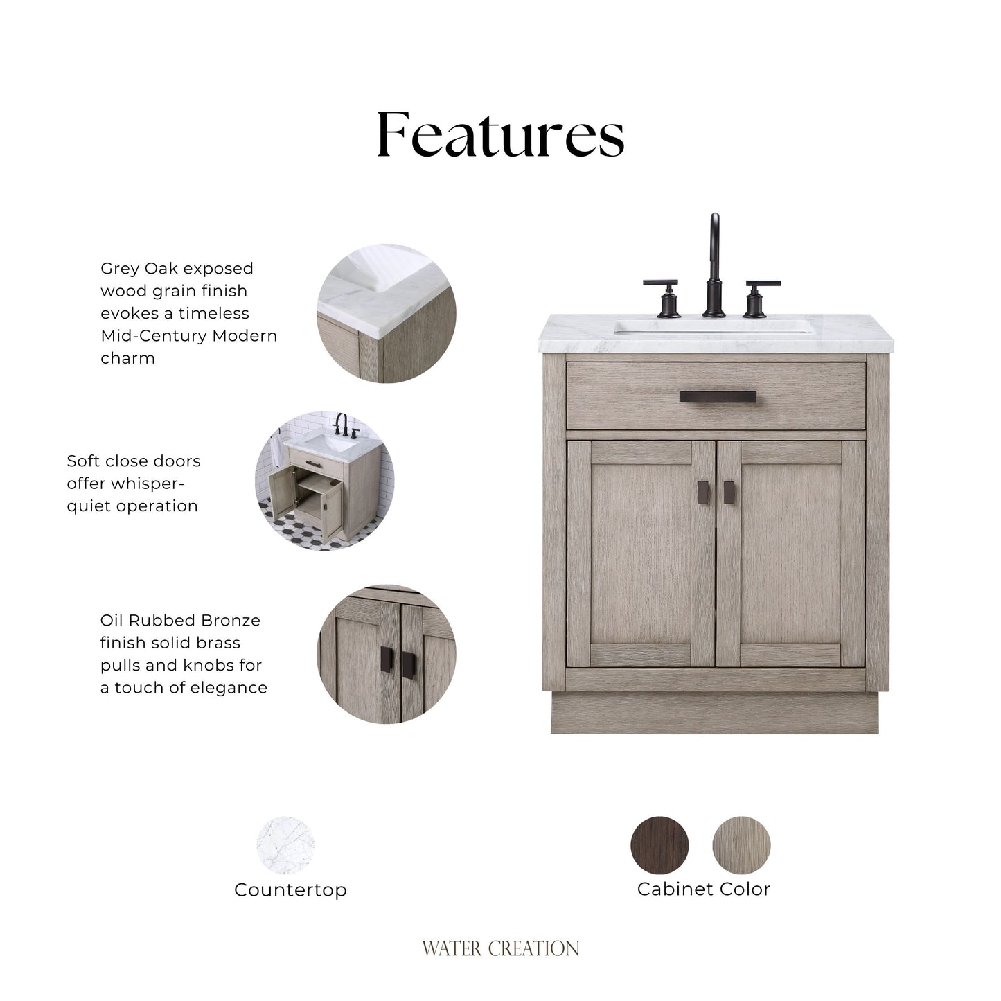 Chestnut 30 in. W x 21.5 in. D Vanity in Grey Oak with Marble Vanity Top in White with White Basin | Water Creation