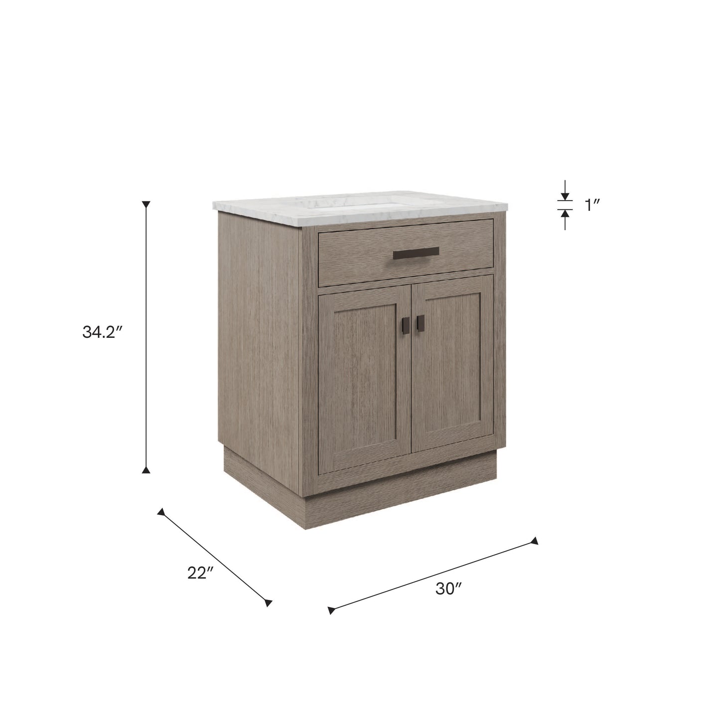 Chestnut 30 in. W x 21.5 in. D Vanity in Grey Oak with Marble Vanity Top in White with White Basin | Water Creation